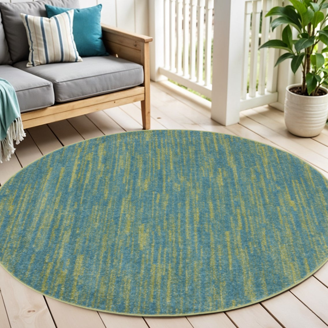 4' Blue And Green Round Indoor Outdoor Area Rug - GreatEagleInc