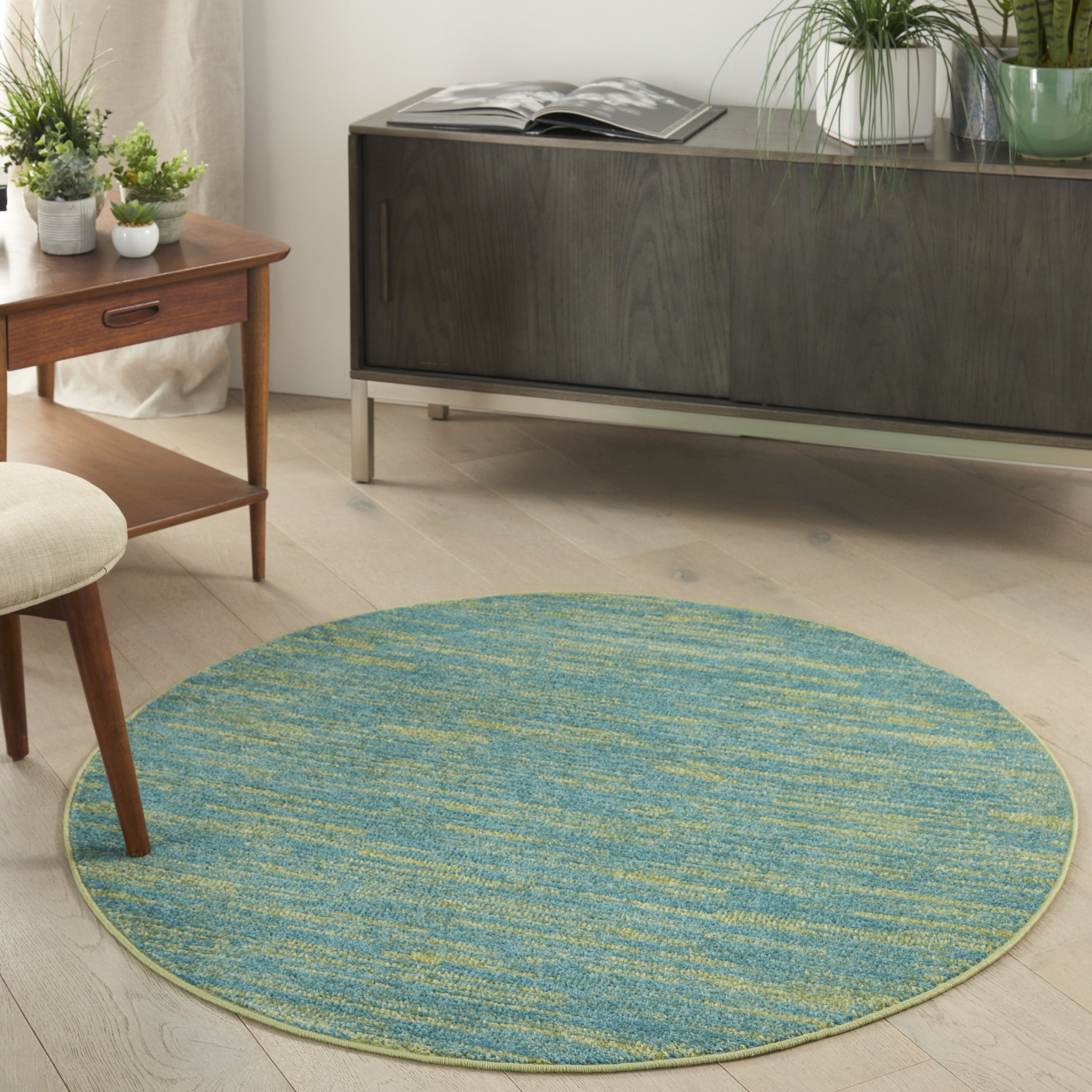 4' Blue And Green Round Indoor Outdoor Area Rug - GreatEagleInc