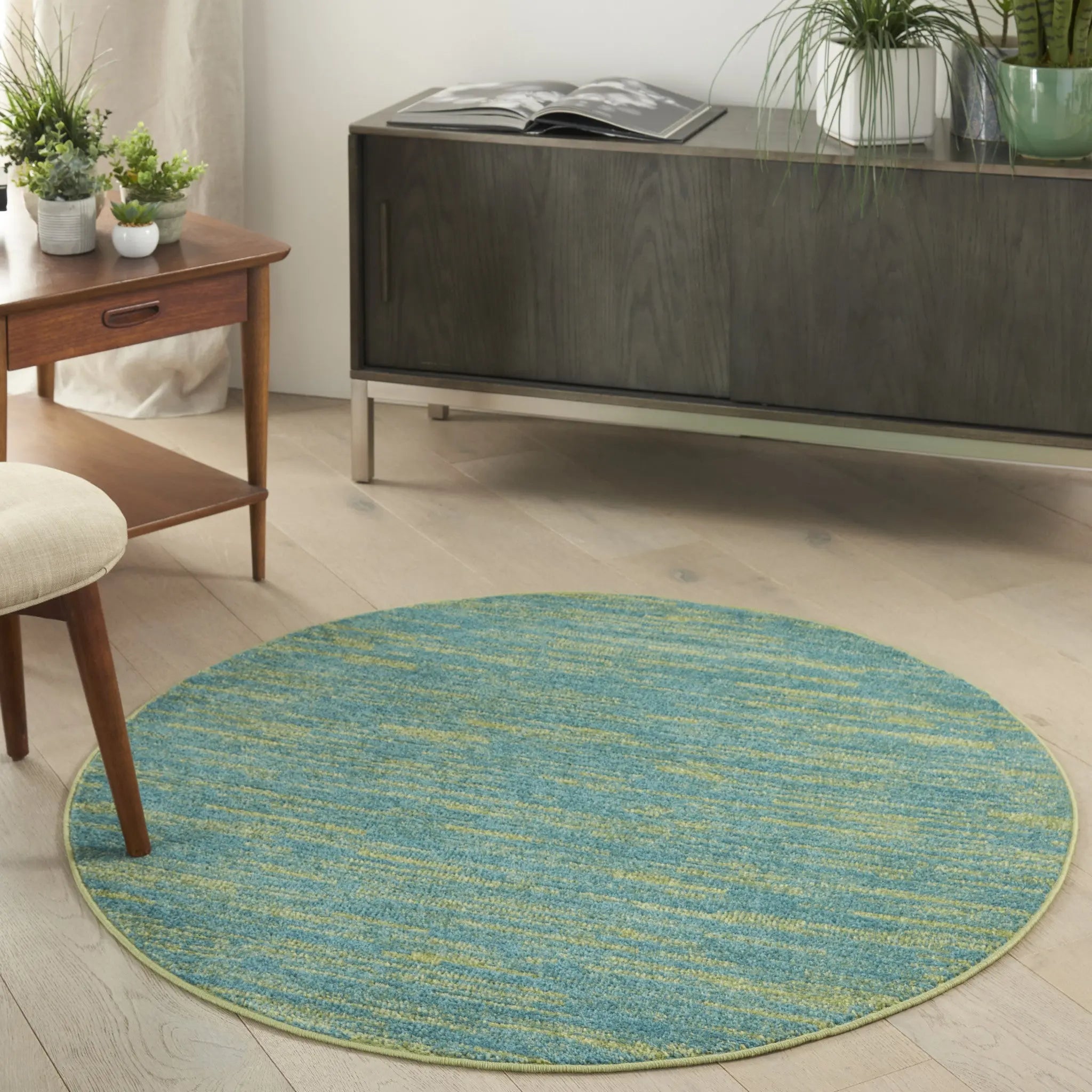 4' Blue And Green Round Indoor Outdoor Area Rug - GreatEagleInc
