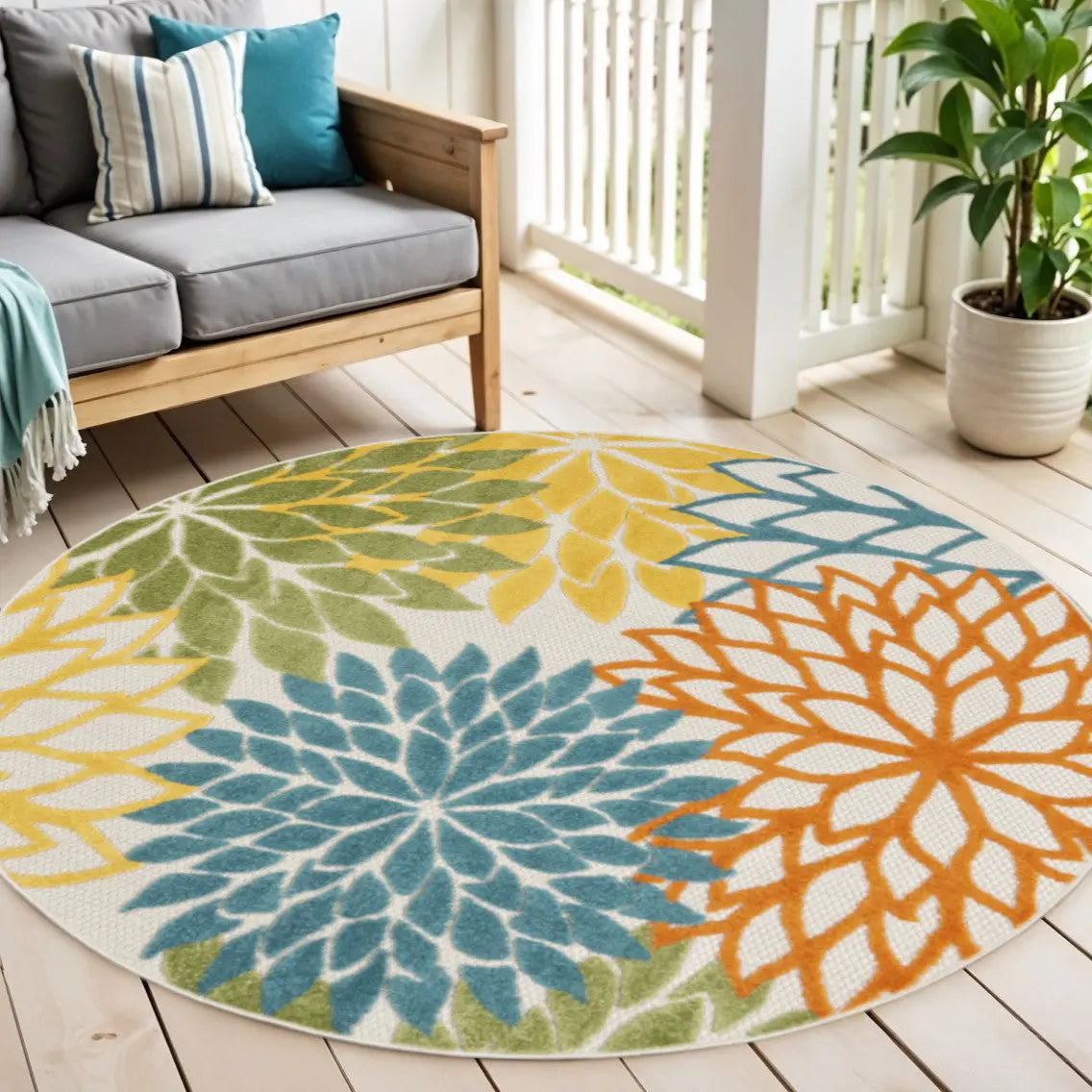 4' Blue And Yellow Round Indoor Outdoor Area Rug - GreatEagleInc