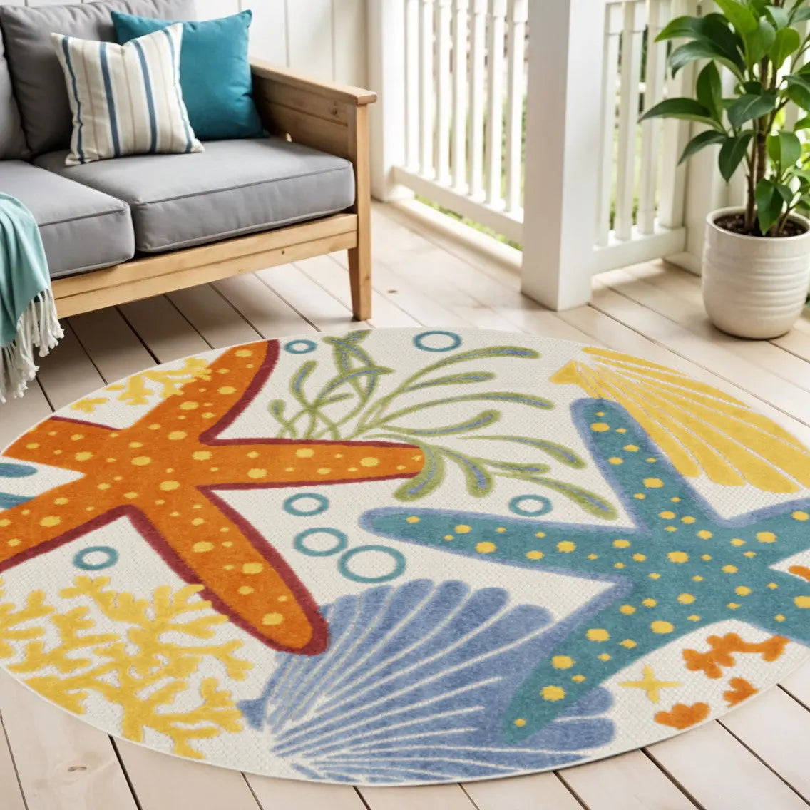 4' Blue Yellow And Orange Round Starfish Indoor Outdoor Area Rug Homeroots Outdoor
