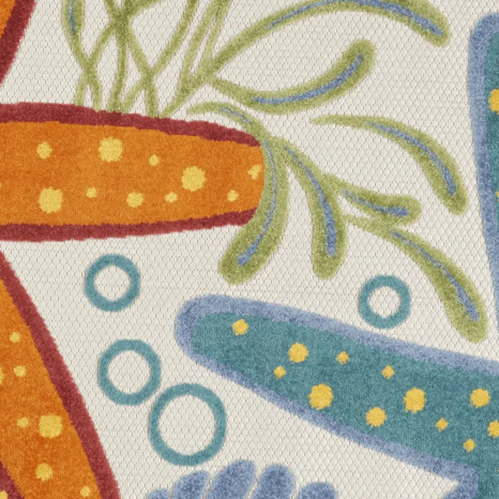 4' Blue Yellow And Orange Round Starfish Indoor Outdoor Area Rug Homeroots Outdoor