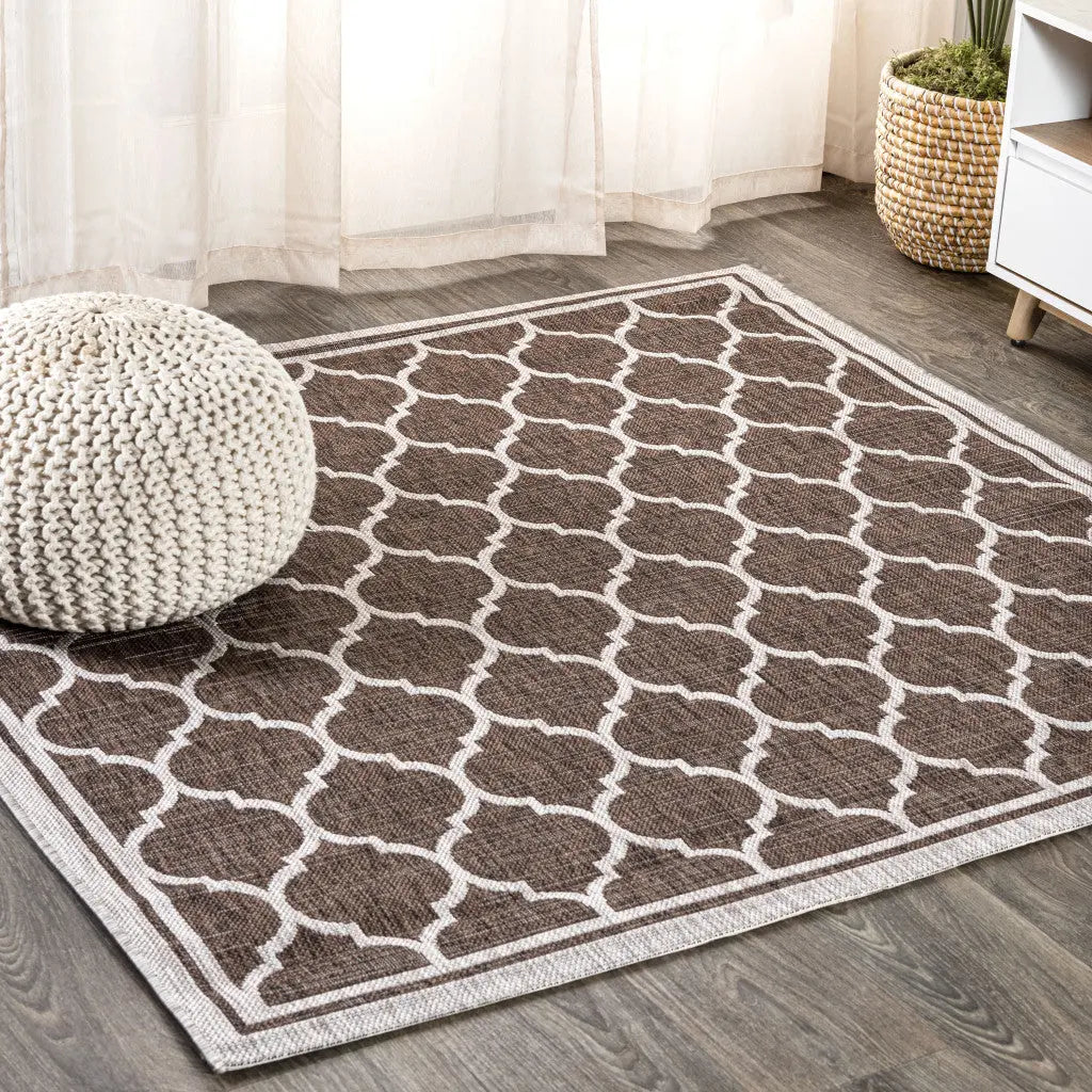 4' Espresso And Taupe Square Geometric Indoor Outdoor Area Rug Homeroots Outdoor