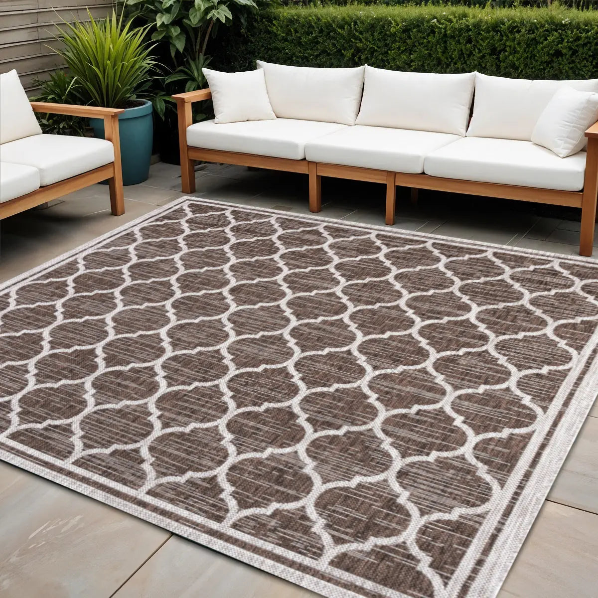 4' Espresso And Taupe Square Geometric Indoor Outdoor Area Rug Homeroots Outdoor