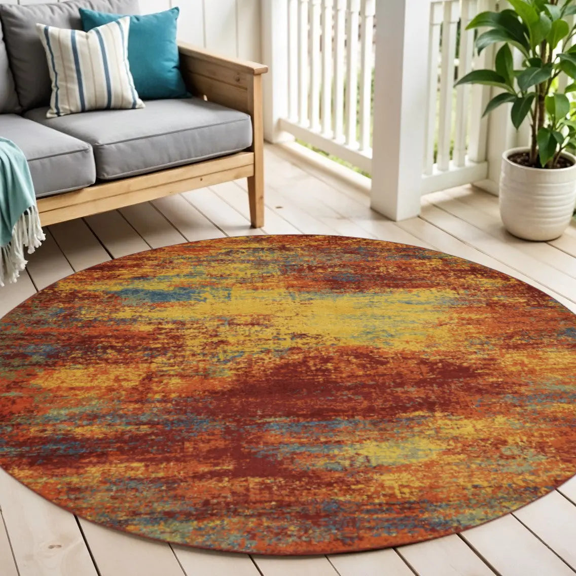 4' Flame Yellow And Orange Round Abstract Indoor Outdoor Area Rug Homeroots Outdoor