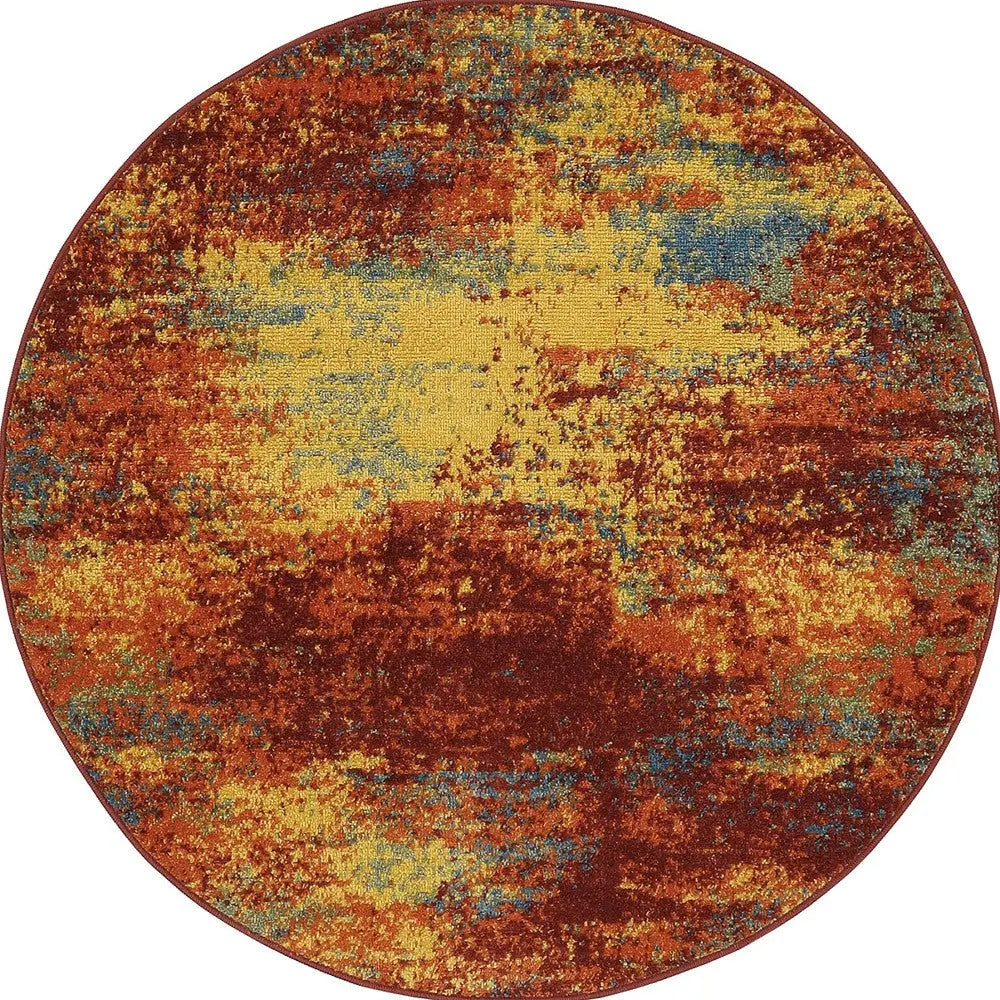 4' Flame Yellow And Orange Round Abstract Indoor Outdoor Area Rug Homeroots Outdoor