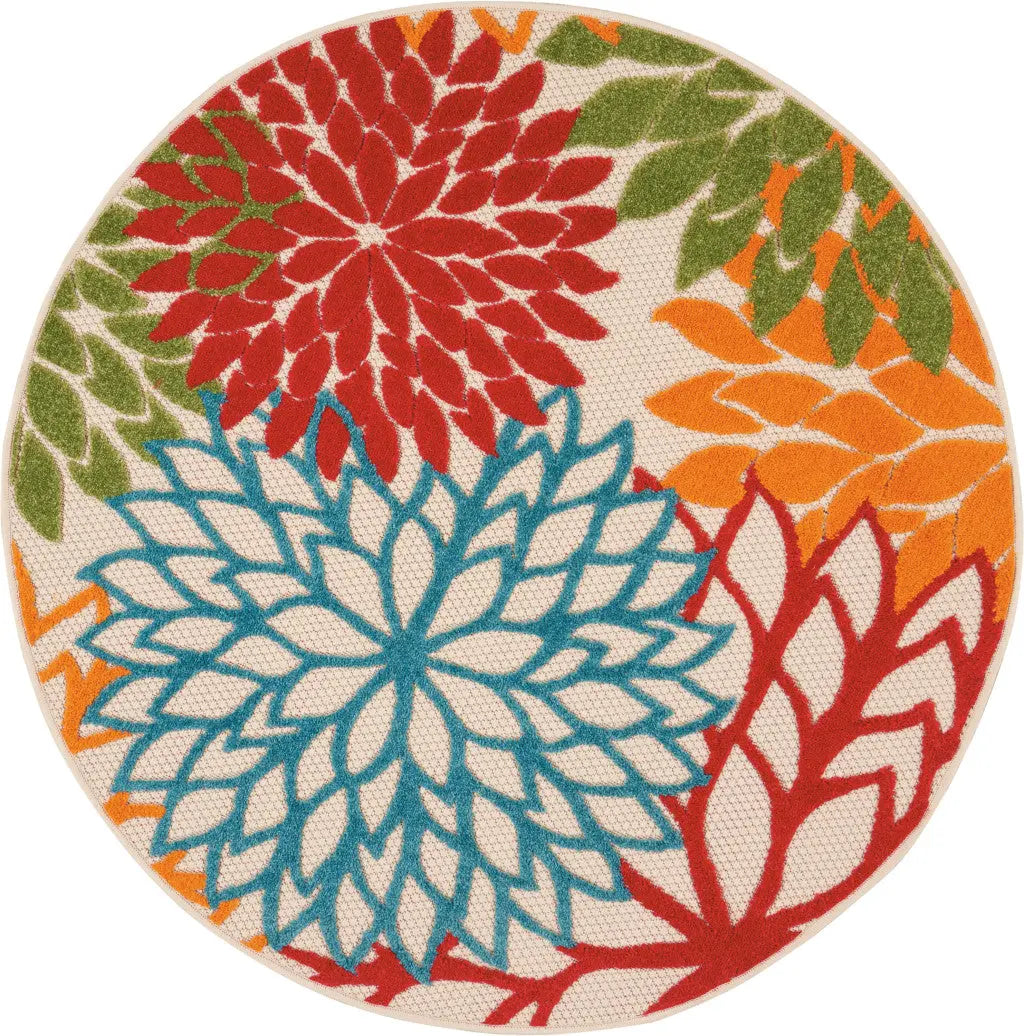 4' Green Orange Red And Blue Round Floral Indoor Outdoor Area Rug Homeroots Outdoor