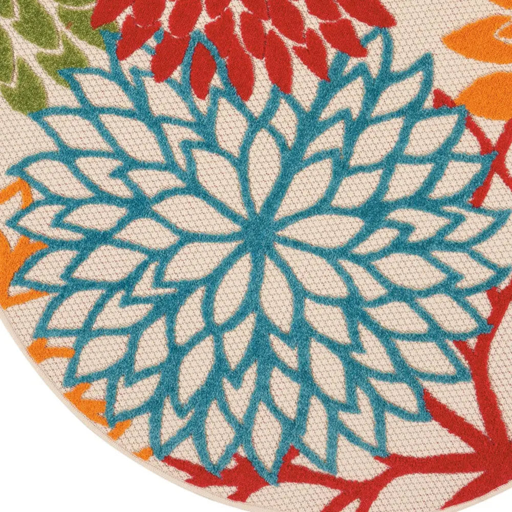 4' Green Orange Red And Blue Round Floral Indoor Outdoor Area Rug Homeroots Outdoor