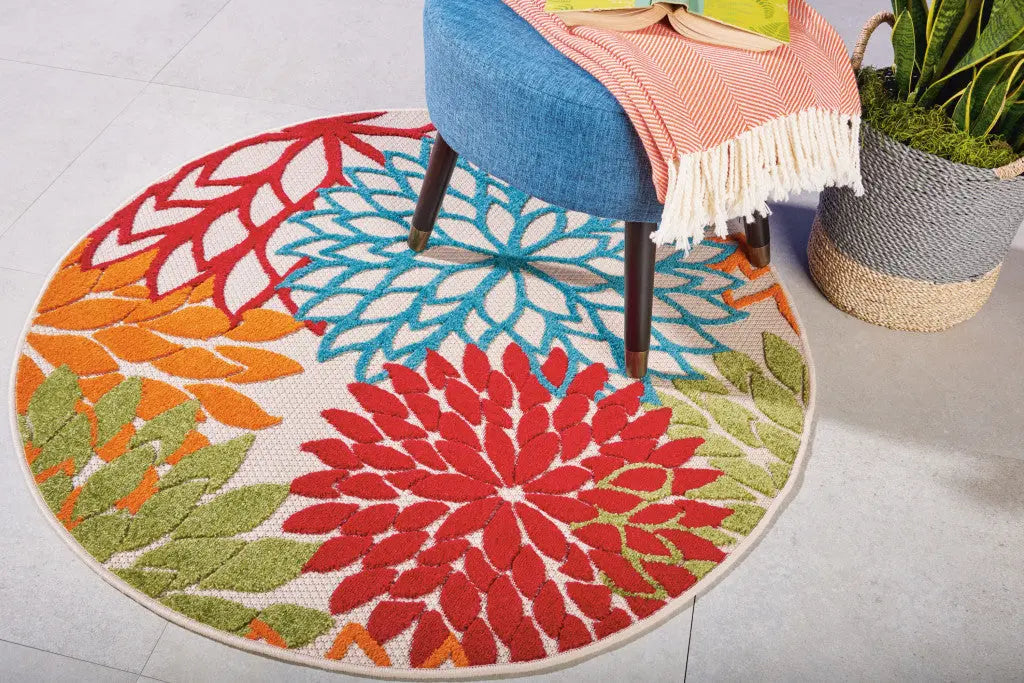 4' Green Orange Red And Blue Round Floral Indoor Outdoor Area Rug Homeroots Outdoor