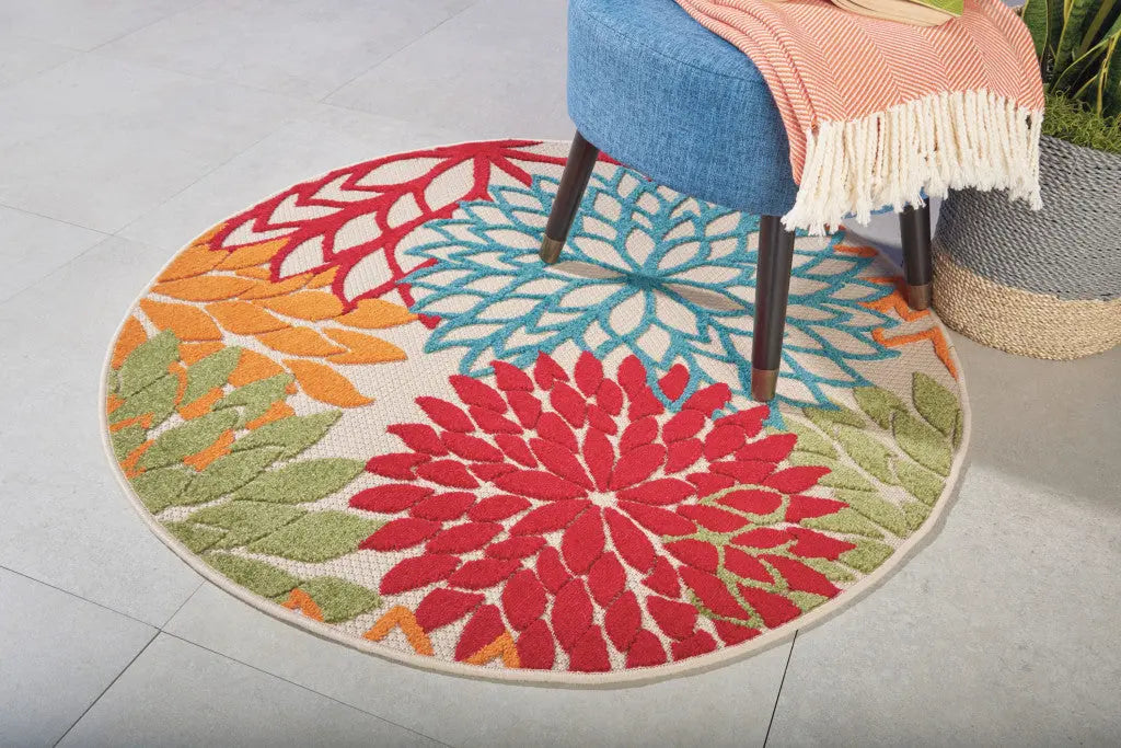 4' Green Orange Red And Blue Round Floral Indoor Outdoor Area Rug Homeroots Outdoor