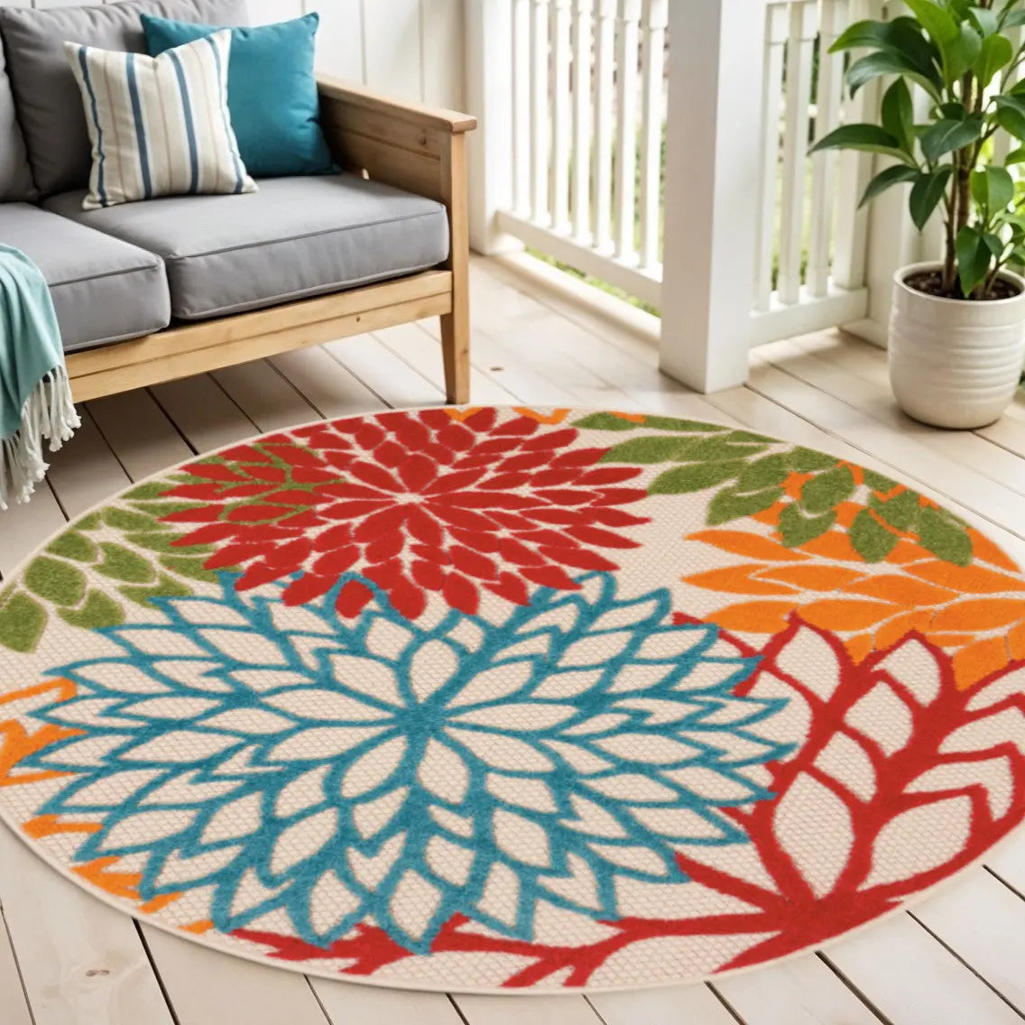 4' Green Orange Red And Blue Round Floral Indoor Outdoor Area Rug Homeroots Outdoor