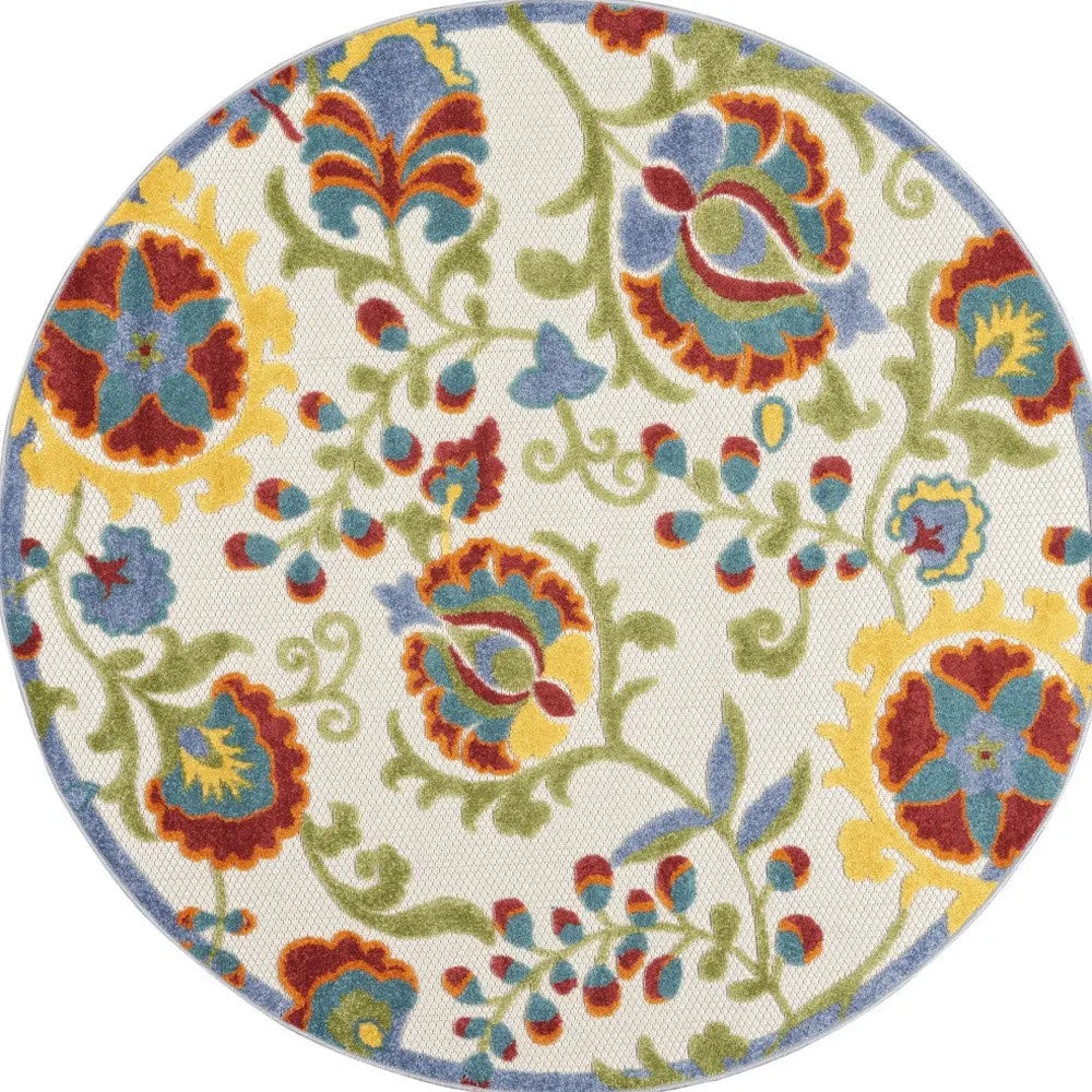 4' Green Orange Red And Blue Round Floral Indoor Outdoor Area Rug Homeroots Outdoor