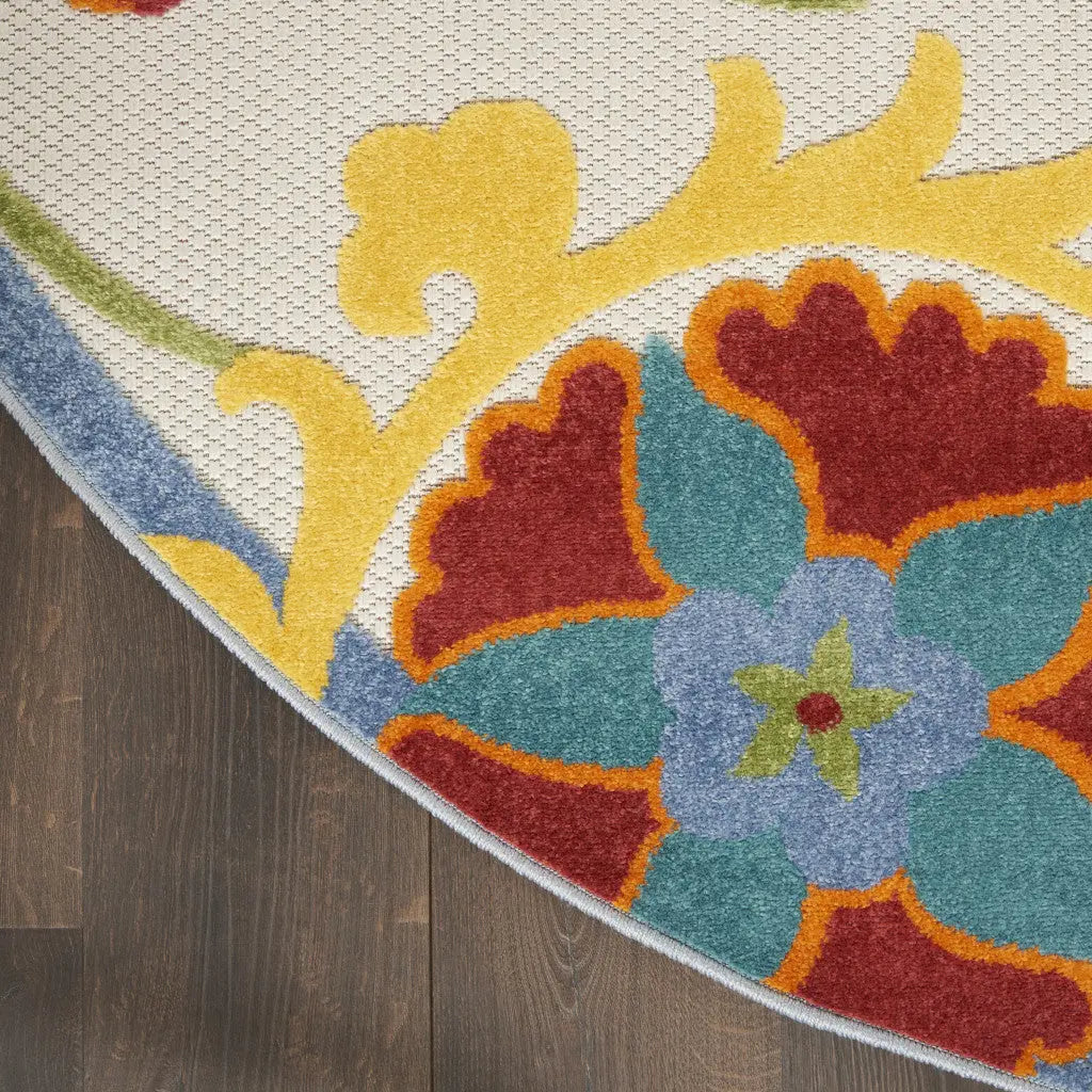 4' Green Orange Red And Blue Round Floral Indoor Outdoor Area Rug Homeroots Outdoor