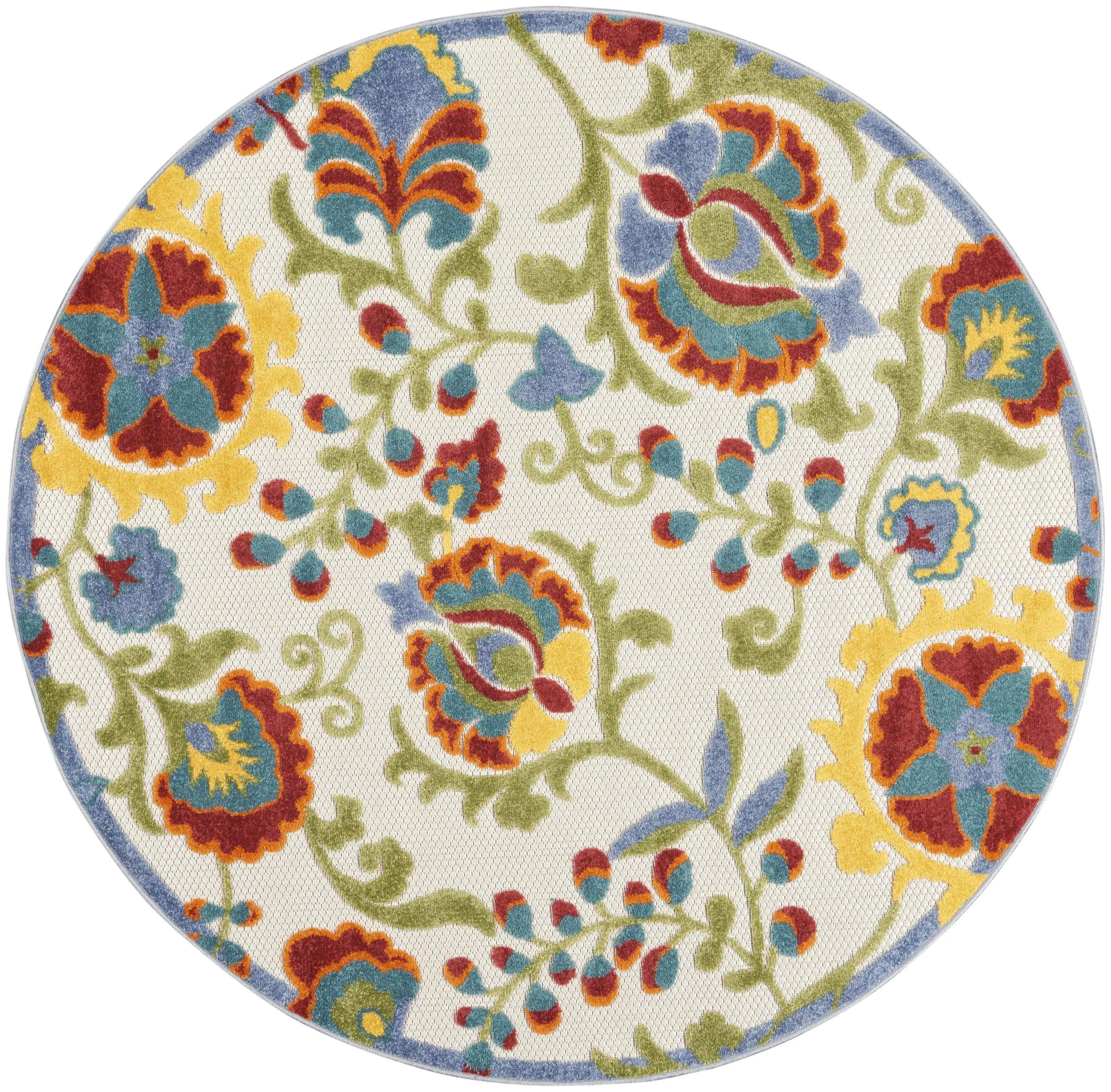 4' Green Orange Red And Blue Round Floral Indoor Outdoor Area Rug Homeroots Outdoor