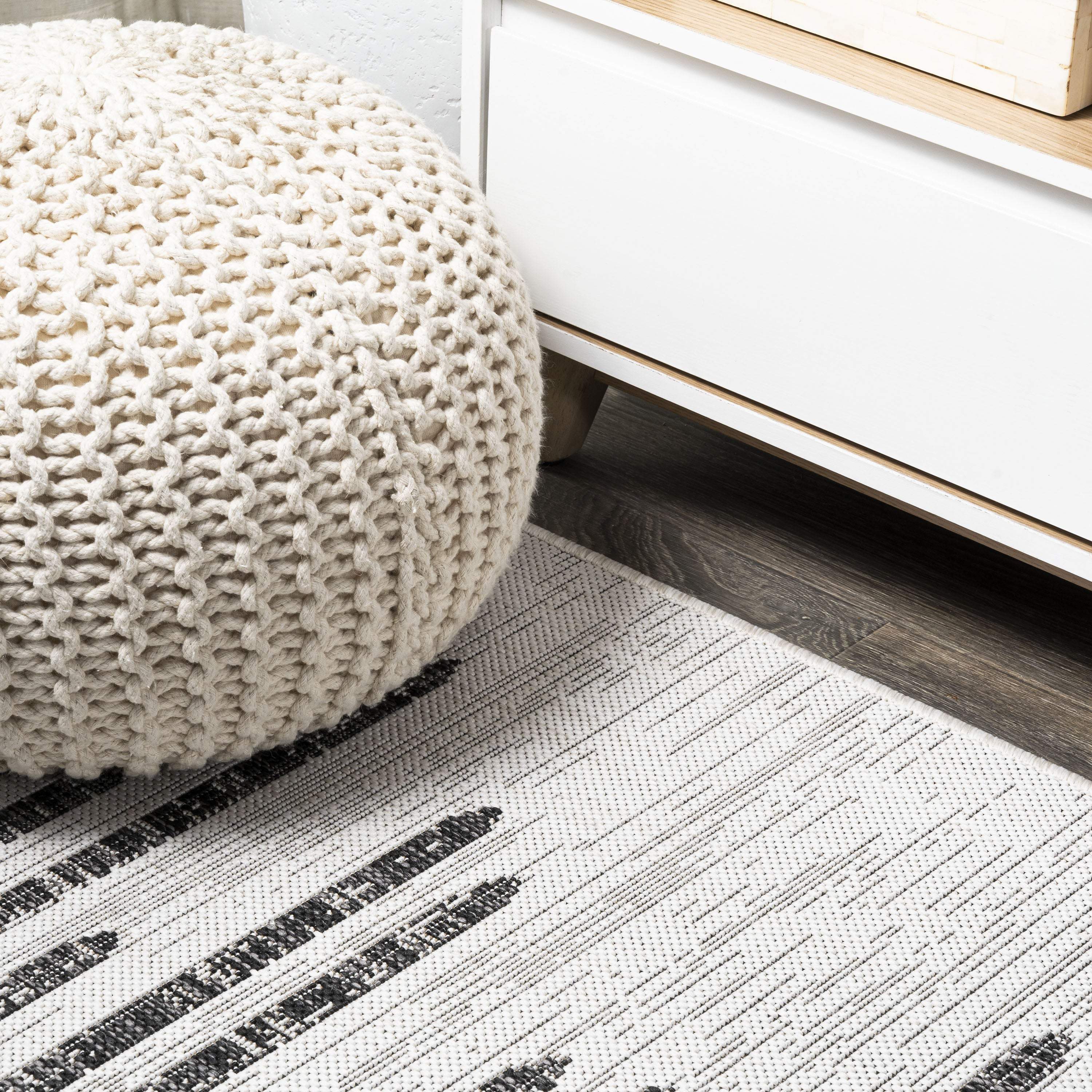 4' Ivory And Black Square Striped Indoor Outdoor Area Rug - GreatEagleInc
