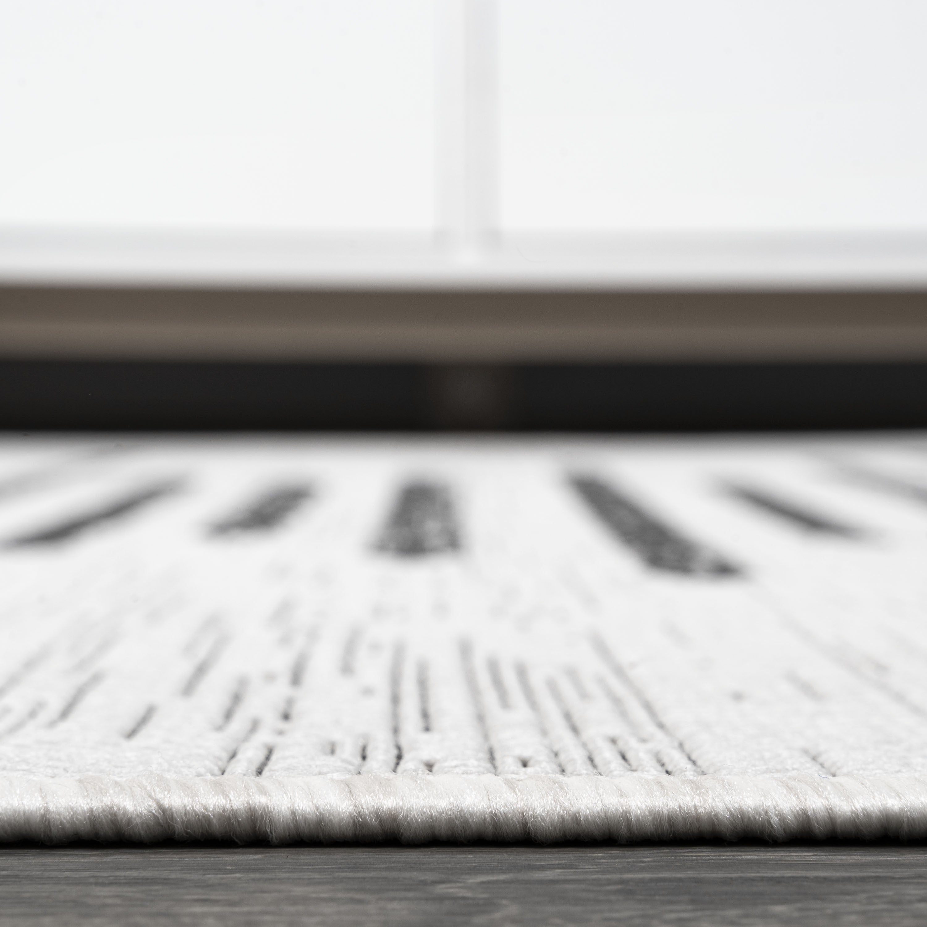 4' Ivory And Black Square Striped Indoor Outdoor Area Rug - GreatEagleInc