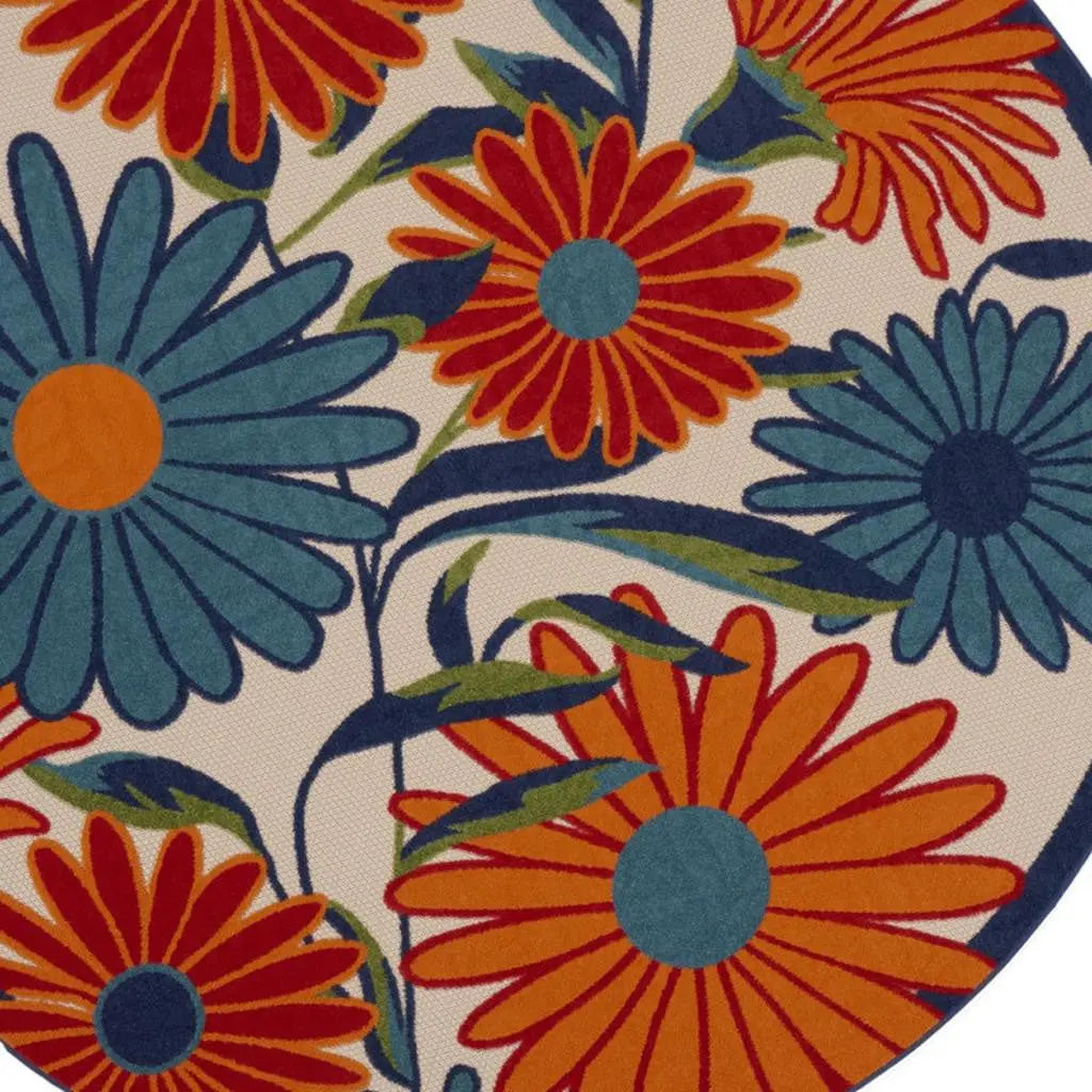 4' Ivory Blue And Orange Round Floral Indoor Outdoor Area Rug Homeroots Outdoor