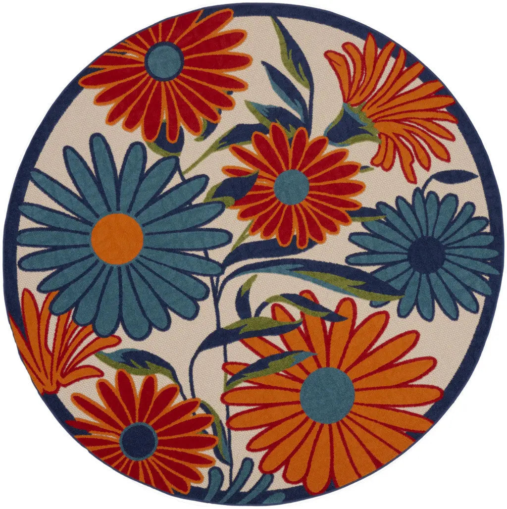 4' Ivory Blue And Orange Round Floral Indoor Outdoor Area Rug Homeroots Outdoor