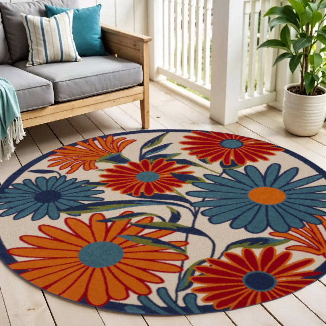 4' Ivory Blue And Orange Round Floral Indoor Outdoor Area Rug Homeroots Outdoor