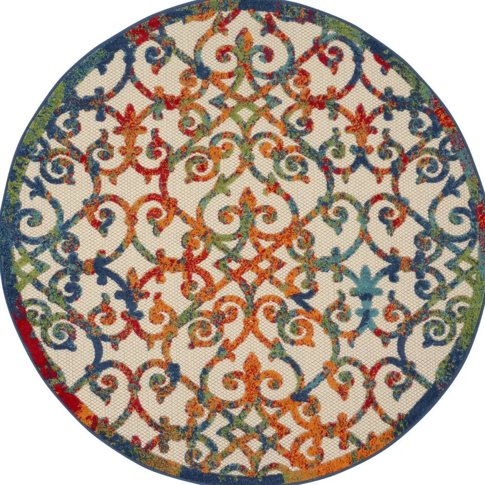 4' Ivory Blue Orange And Green Round Trellis Indoor Outdoor Area Rug Homeroots Outdoor