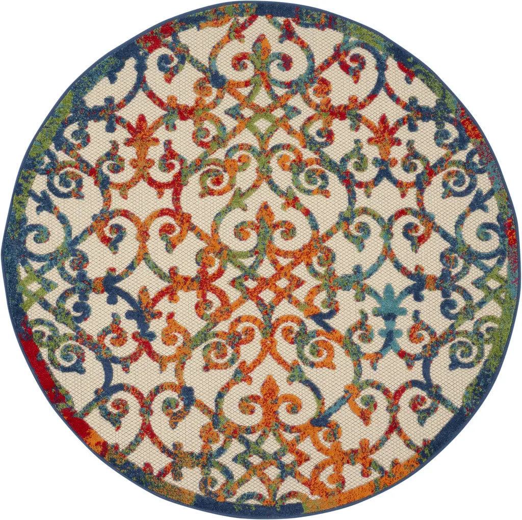 4' Ivory Blue Orange And Green Round Trellis Indoor Outdoor Area Rug Homeroots Outdoor