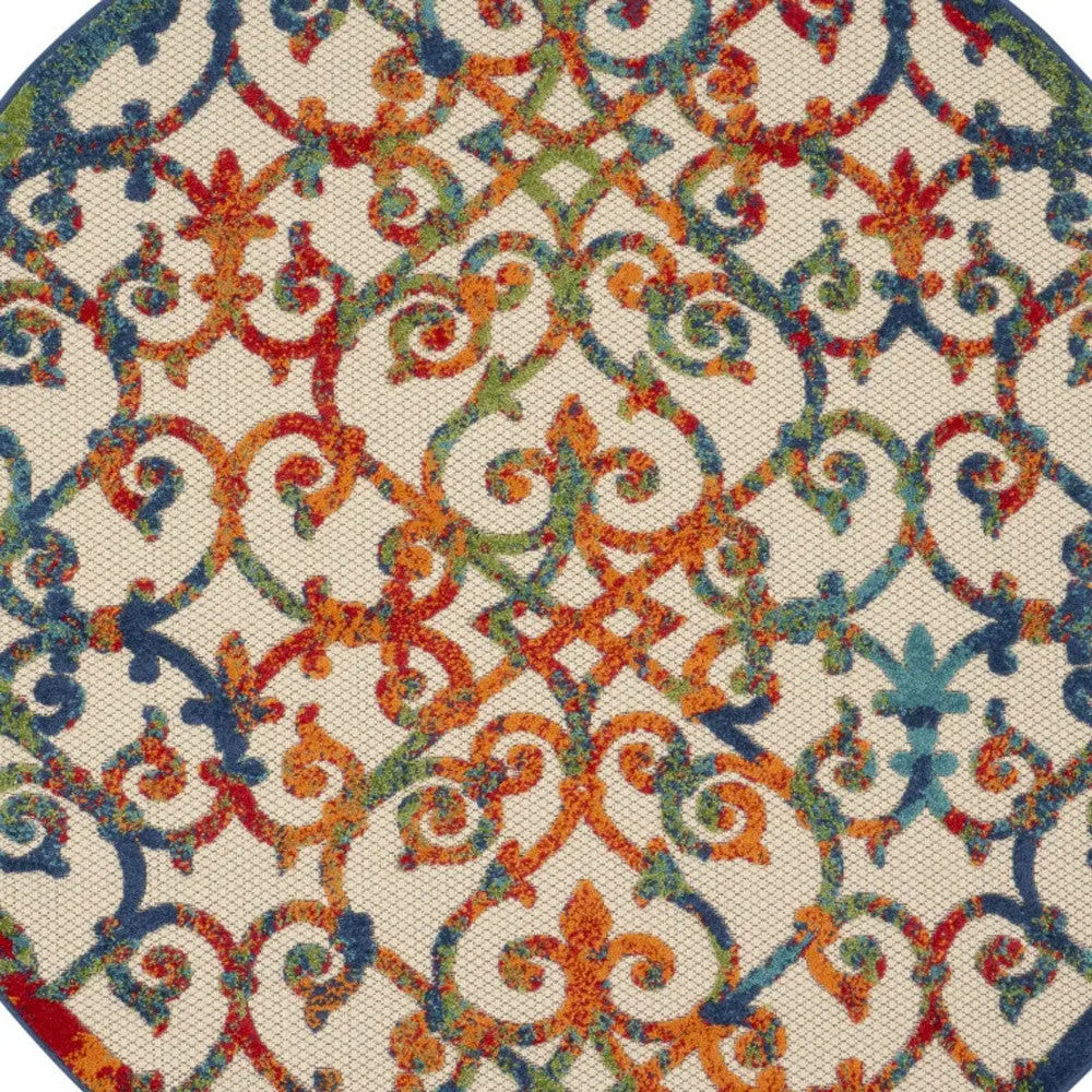 4' Ivory Blue Orange And Green Round Trellis Indoor Outdoor Area Rug Homeroots Outdoor