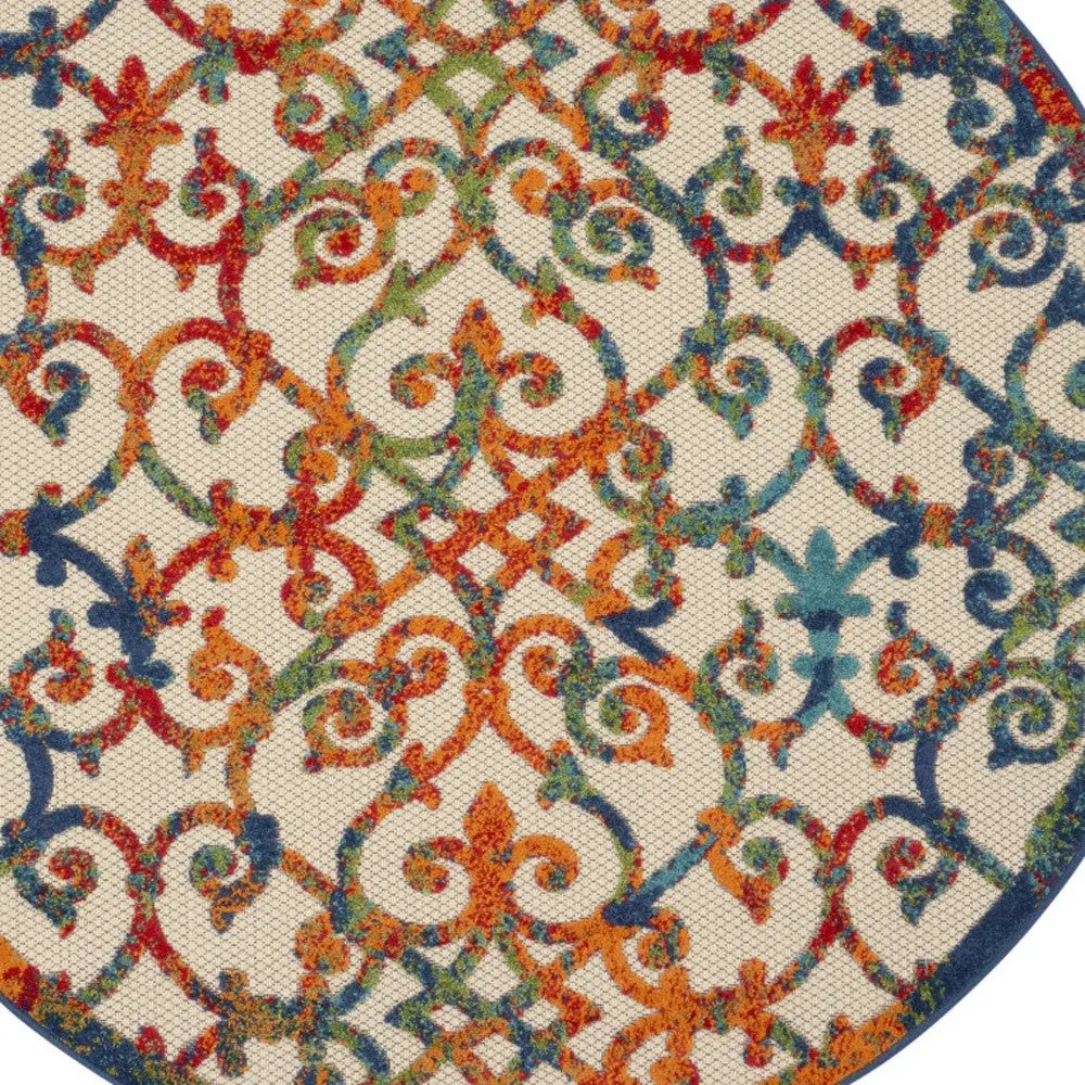 4' Ivory Blue Orange And Green Round Trellis Indoor Outdoor Area Rug Homeroots Outdoor