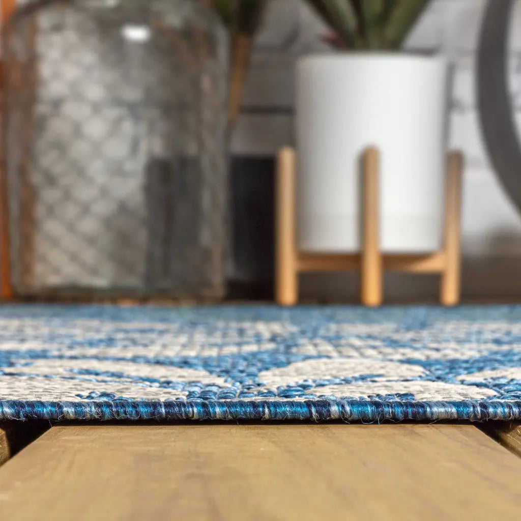 4' Navy Blue And Aqua Square Floral Indoor Outdoor Area Rug Homeroots Outdoor