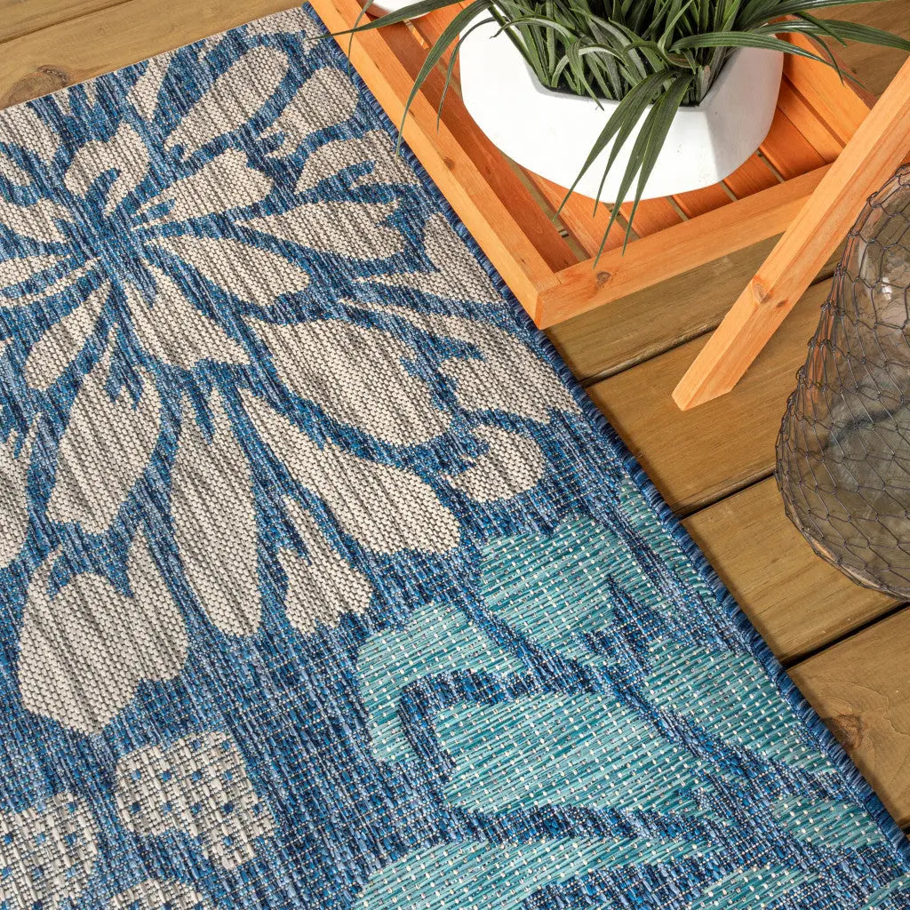 4' Navy Blue And Aqua Square Floral Indoor Outdoor Area Rug Homeroots Outdoor