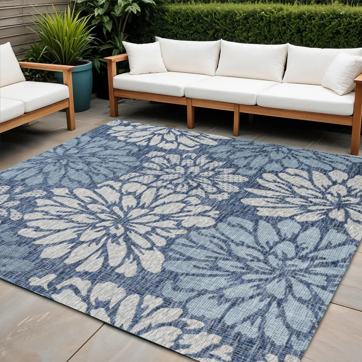 4' Navy Blue And Aqua Square Floral Indoor Outdoor Area Rug Homeroots Outdoor