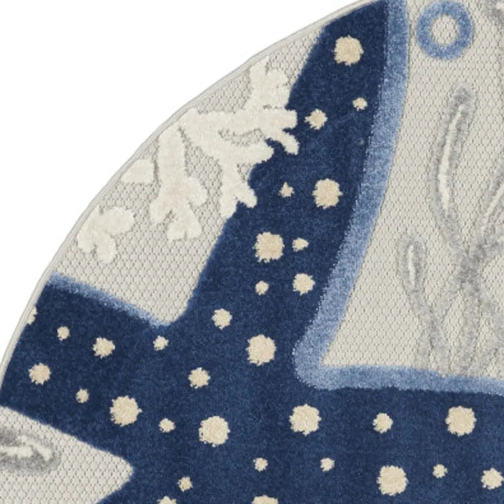4' Navy Blue And Gray Round Starfish Indoor Outdoor Area Rug Homeroots Outdoor