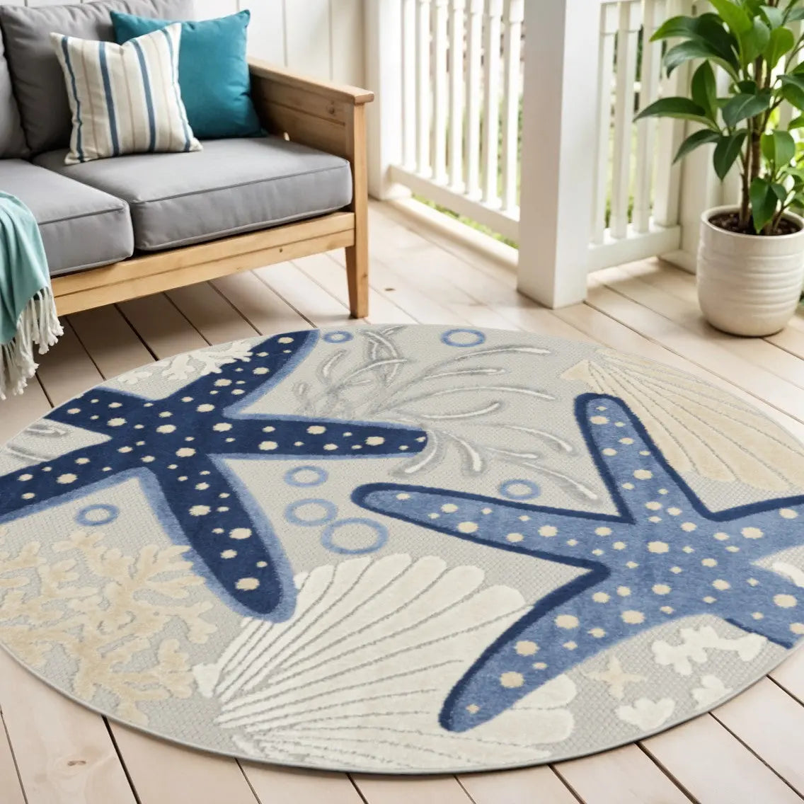 4' Navy Blue And Gray Round Starfish Indoor Outdoor Area Rug Homeroots Outdoor