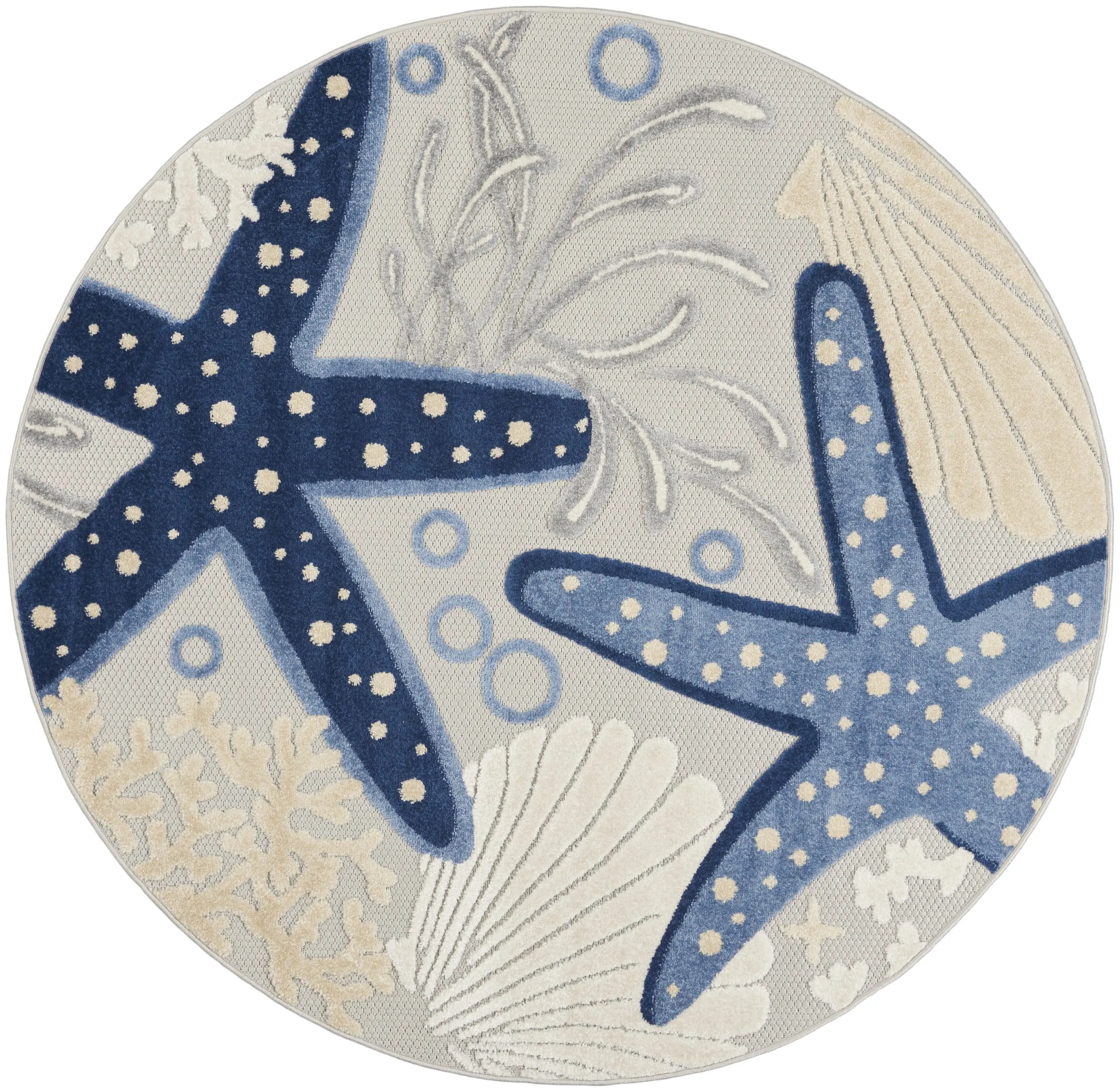 4' Navy Blue And Gray Round Starfish Indoor Outdoor Area Rug Homeroots Outdoor
