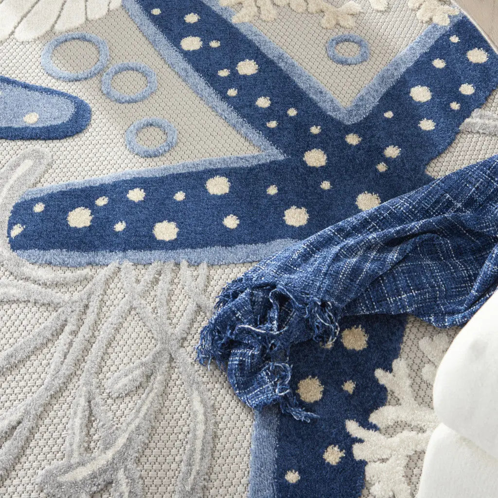 4' Navy Blue And Gray Round Starfish Indoor Outdoor Area Rug Homeroots Outdoor