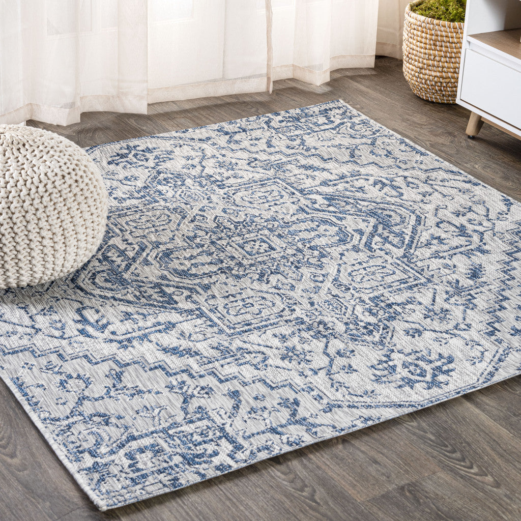 4' Navy Blue And Gray Square Medallion Indoor Outdoor Area Rug - GreatEagleInc