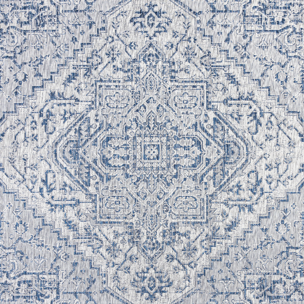 4' Navy Blue And Gray Square Medallion Indoor Outdoor Area Rug - GreatEagleInc