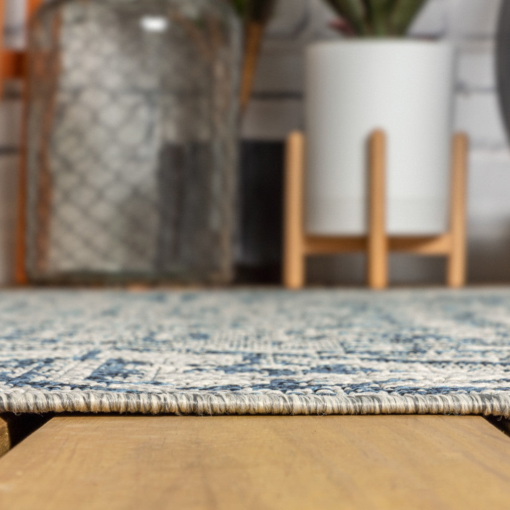 4' Navy Blue And Gray Square Medallion Indoor Outdoor Area Rug - GreatEagleInc