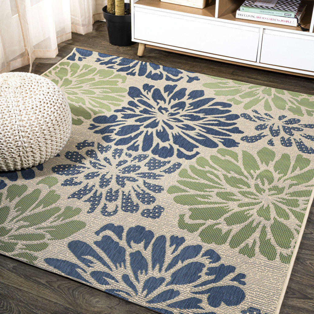 4' Navy Blue And Green Square Floral Indoor Outdoor Area Rug - GreatEagleInc