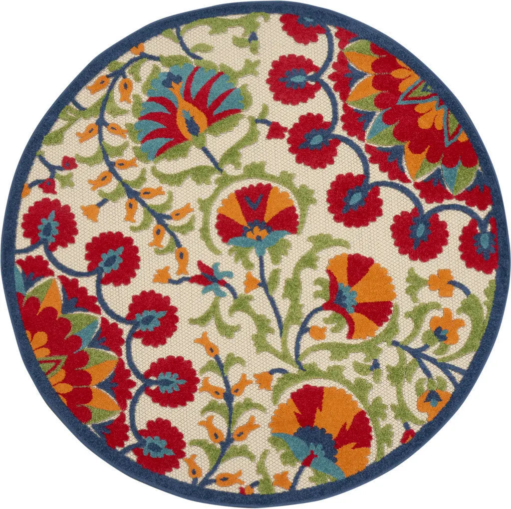 4' Navy Blue Beige Green Blue And Red Round Floral Indoor Outdoor Area Rug Homeroots Outdoor