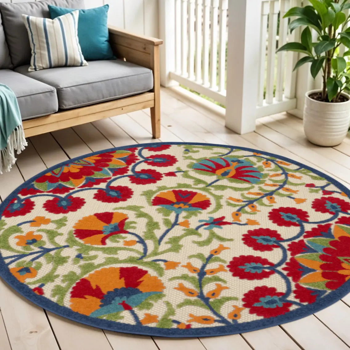 4' Navy Blue Beige Green Blue And Red Round Floral Indoor Outdoor Area Rug Homeroots Outdoor