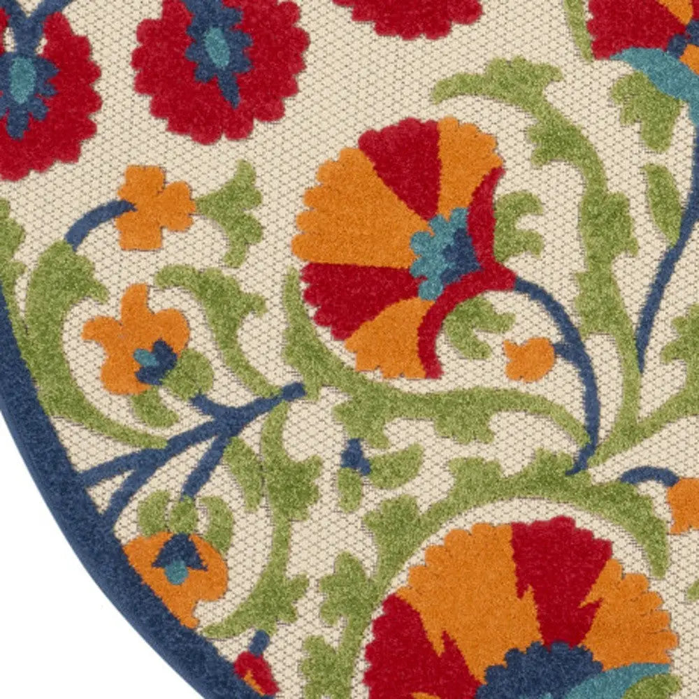 4' Navy Blue Beige Green Blue And Red Round Floral Indoor Outdoor Area Rug Homeroots Outdoor
