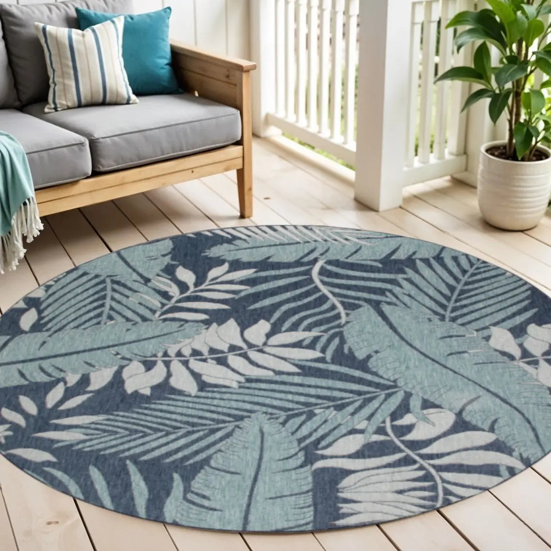 4' Navy Blue Round Floral Indoor Outdoor Area Rug Homeroots Outdoor
