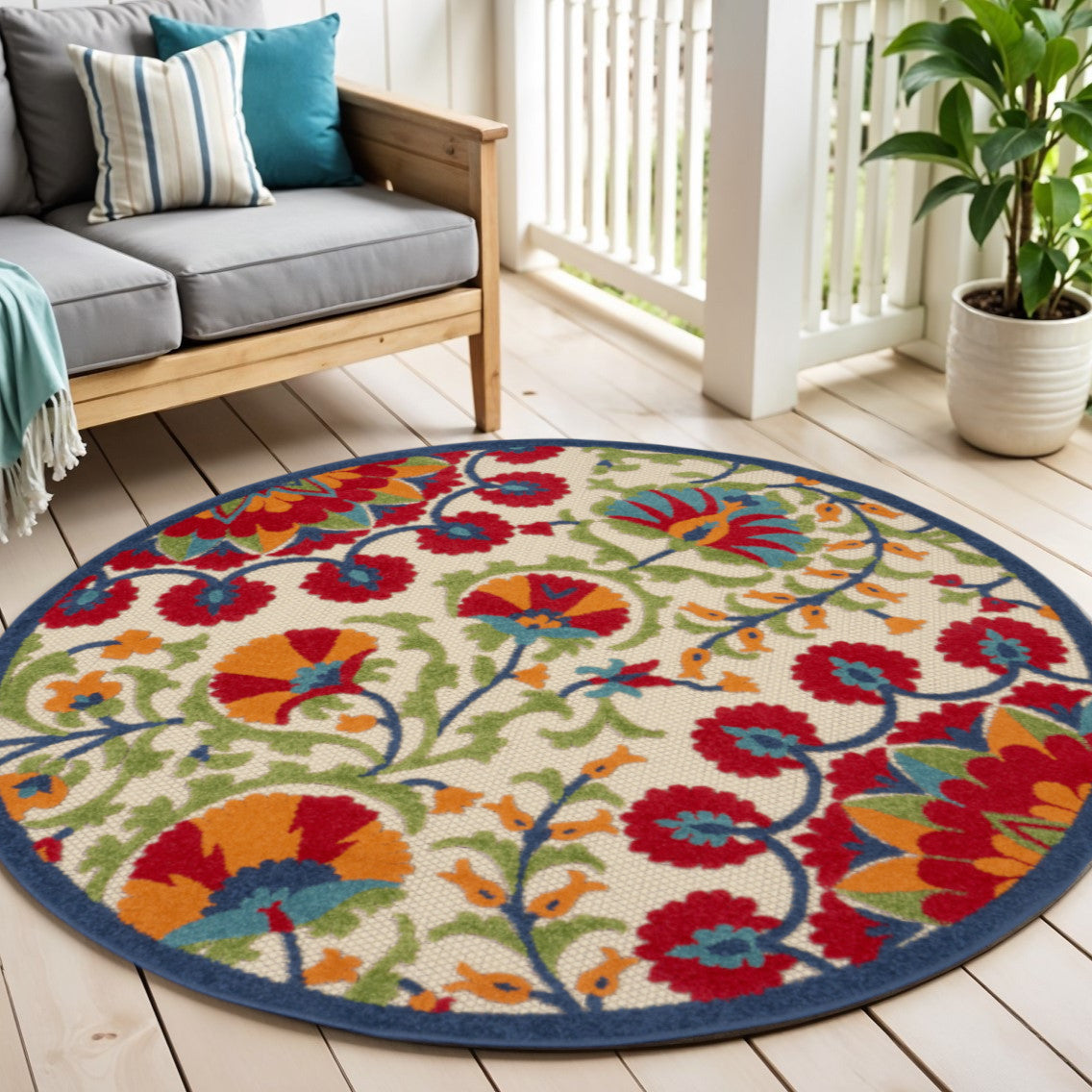 4' Red And Ivory Round Floral Indoor Outdoor Area Rug - GreatEagleInc
