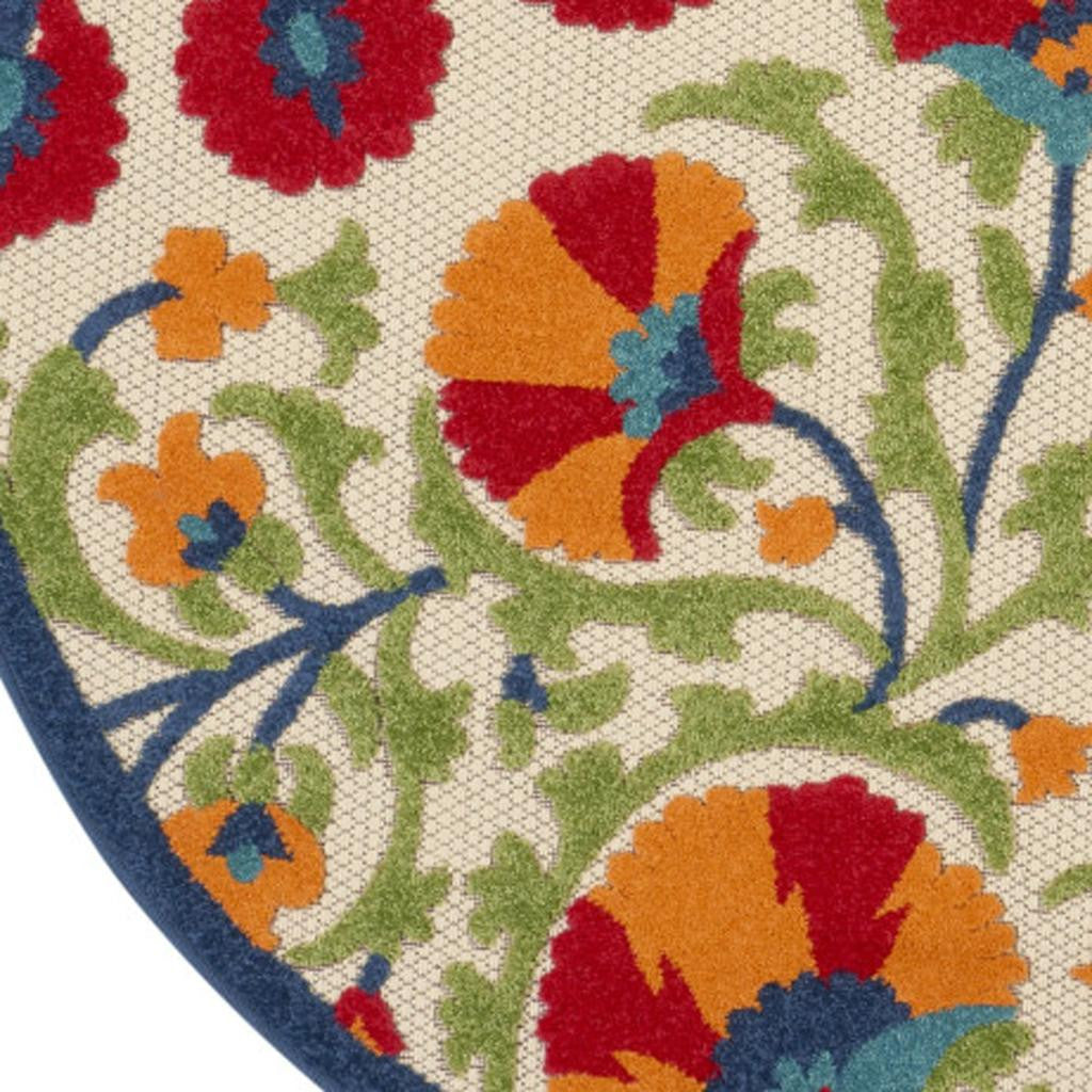 4' Red And Ivory Round Floral Indoor Outdoor Area Rug - GreatEagleInc