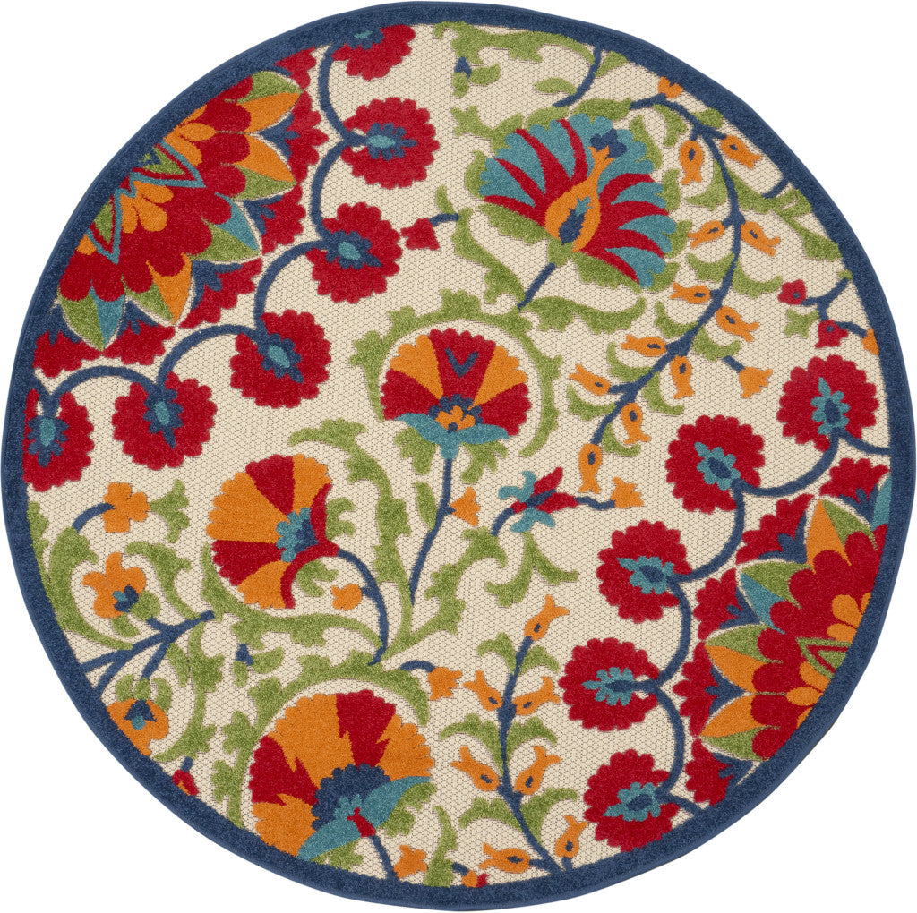 4' Red And Ivory Round Floral Indoor Outdoor Area Rug - GreatEagleInc