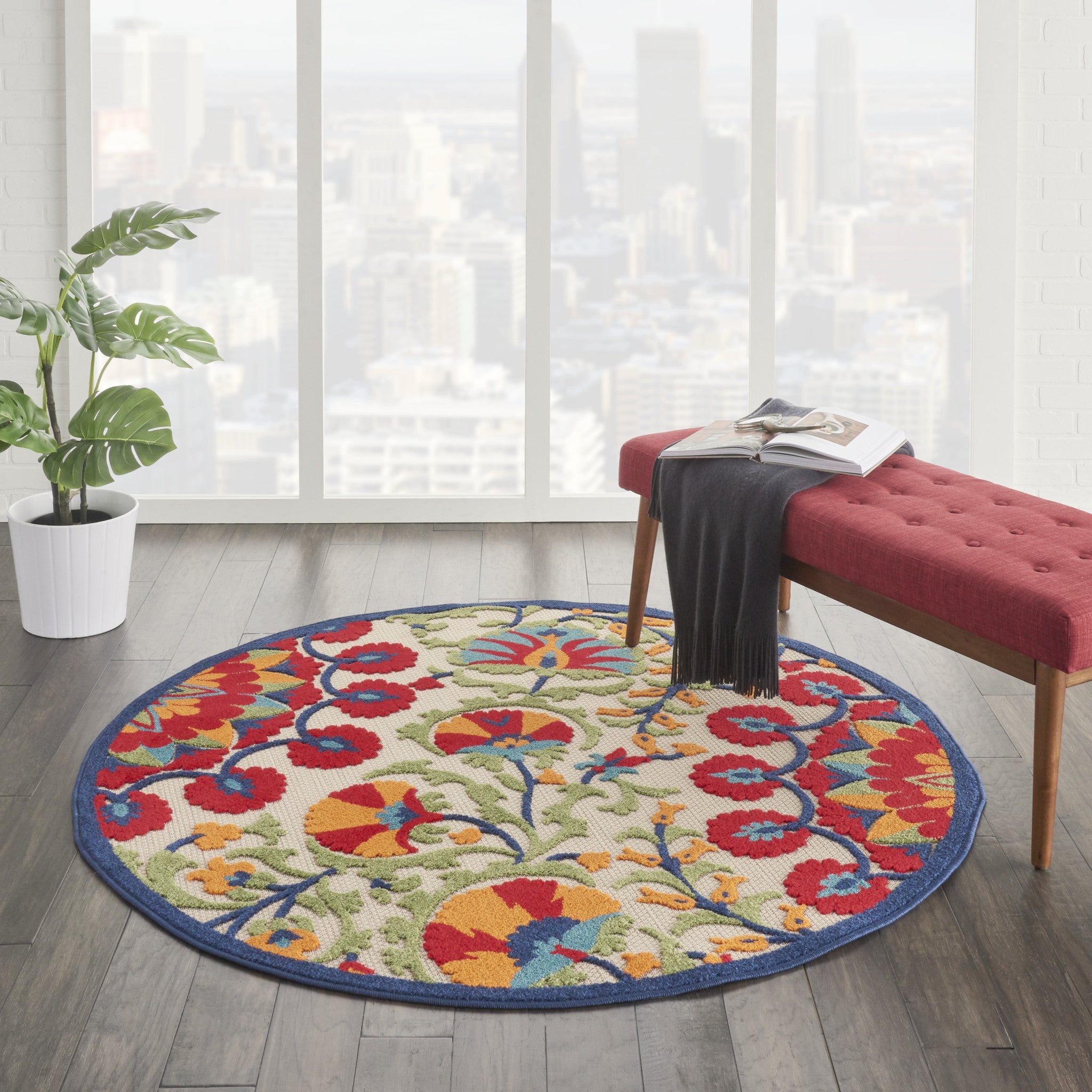 4' Red And Ivory Round Floral Indoor Outdoor Area Rug - GreatEagleInc
