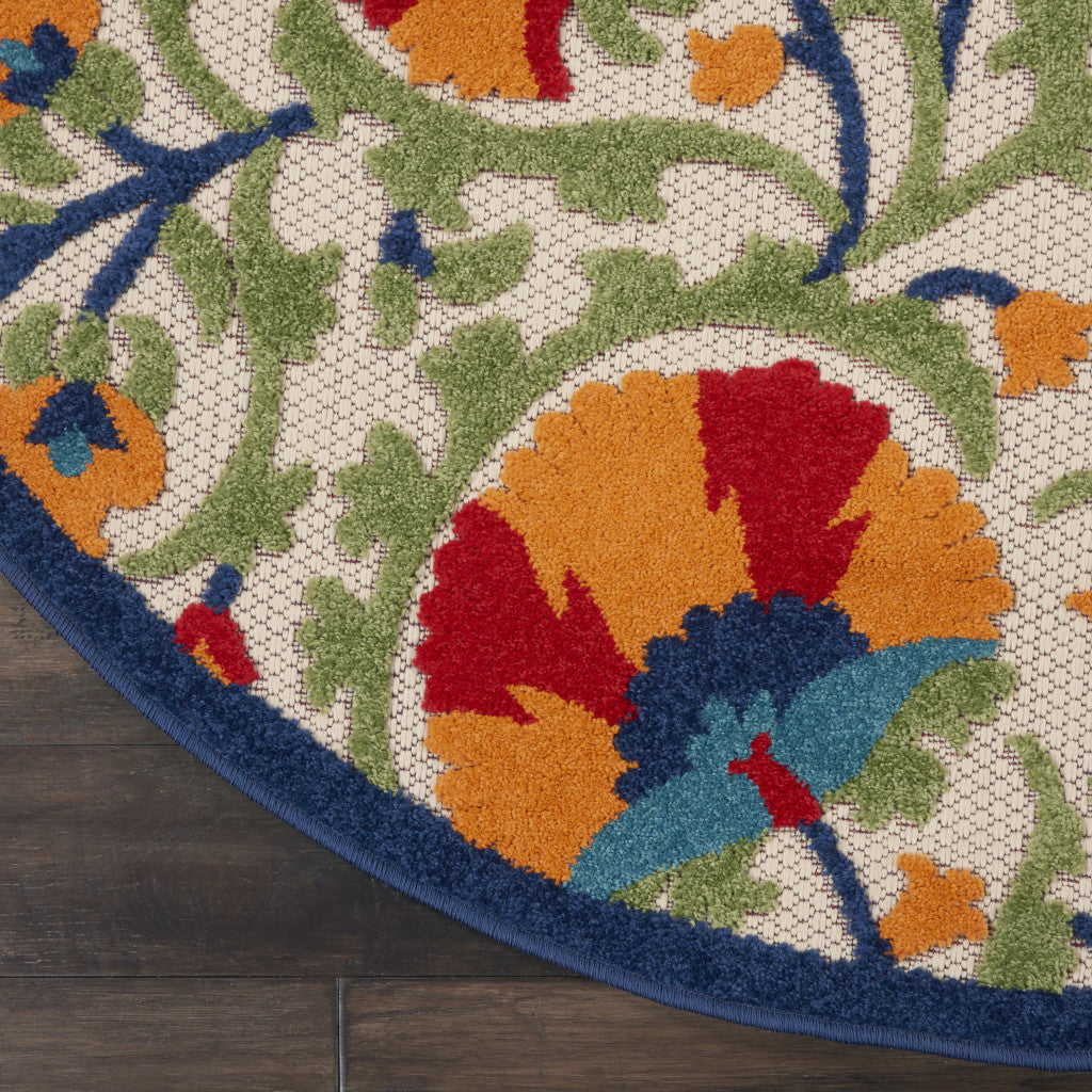 4' Red And Ivory Round Floral Indoor Outdoor Area Rug - GreatEagleInc