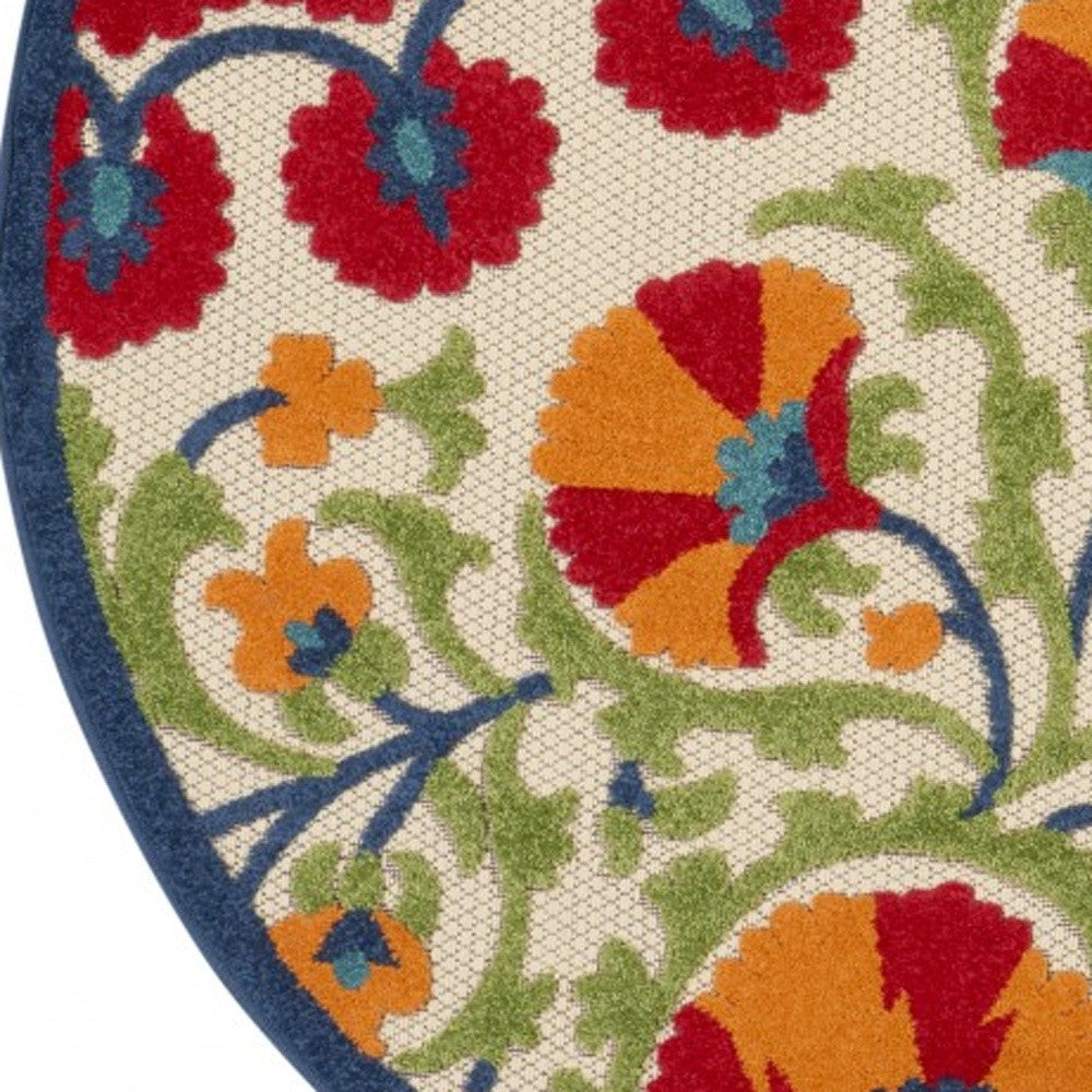 4' Red And Ivory Round Floral Indoor Outdoor Area Rug - GreatEagleInc
