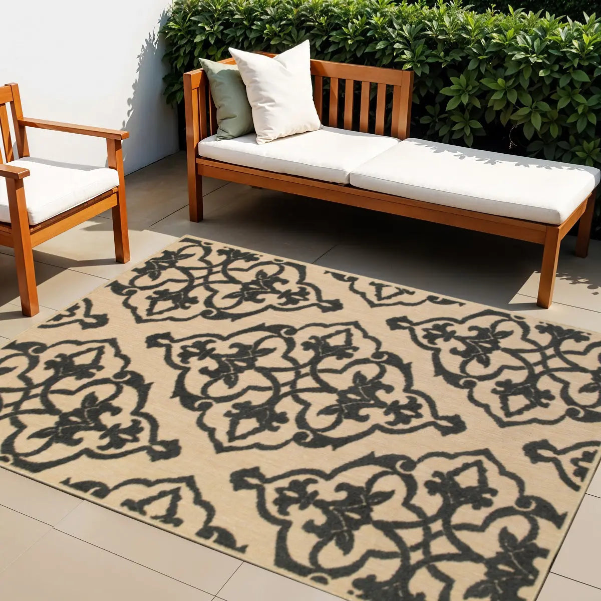4' X 5' Beige and Black Oriental Stain Resistant Indoor Outdoor Area Rug Homeroots Outdoor