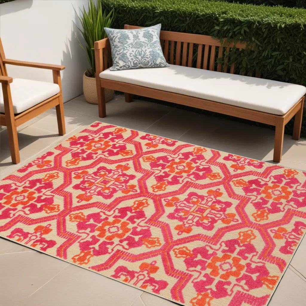 4' X 5' Pink and Orange Medallion Indoor Outdoor Area Rug Homeroots Outdoor